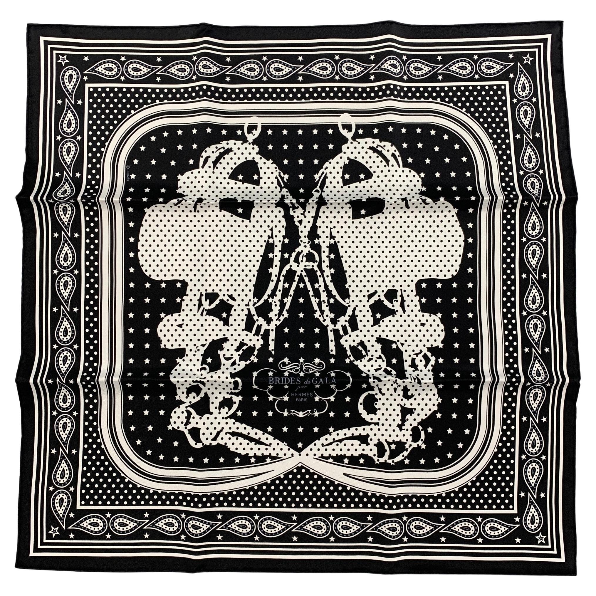 HERMES Brides de Gala Black White Silk Bandana Scarf