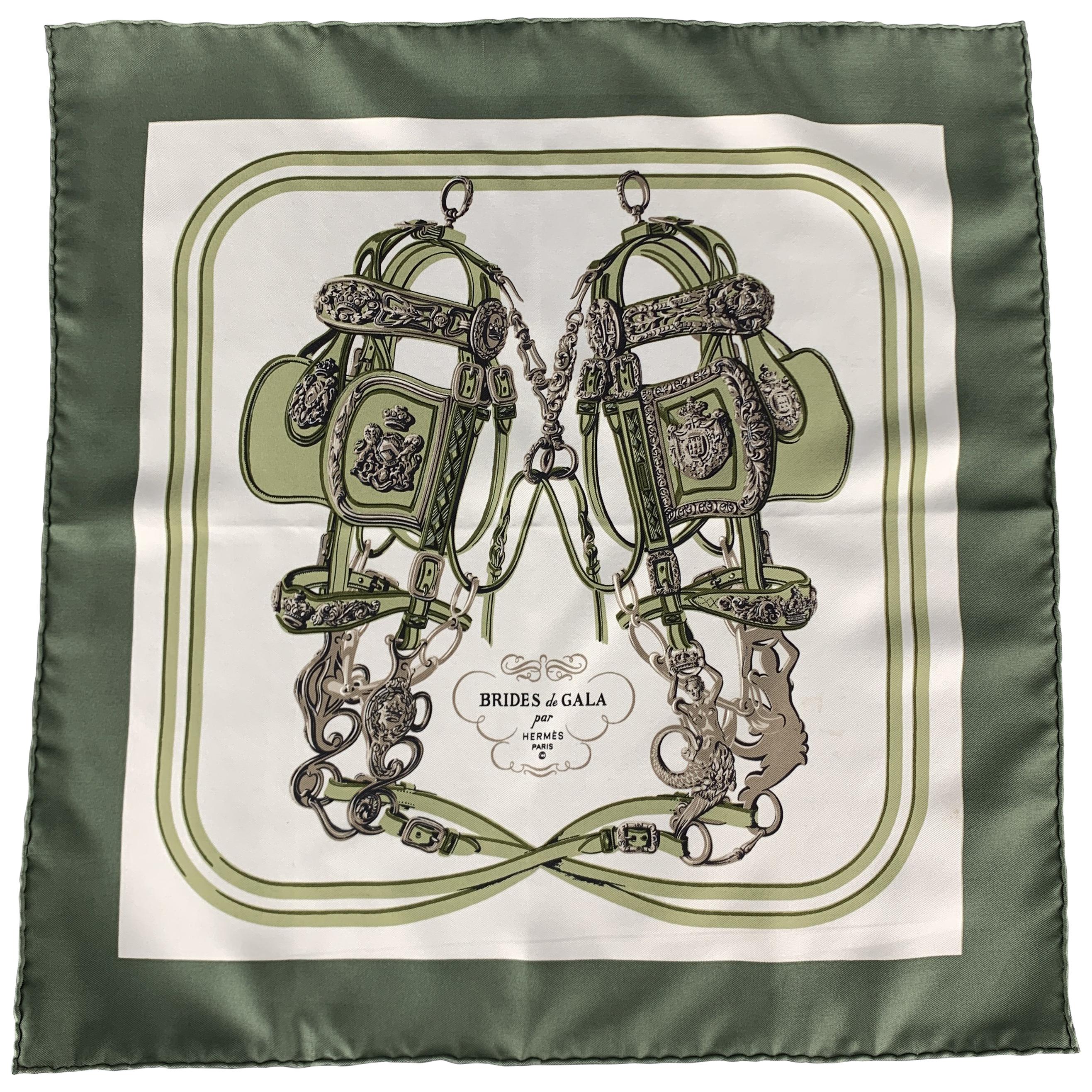 HERMES Brides de Gala Olive Silk Pocket Square