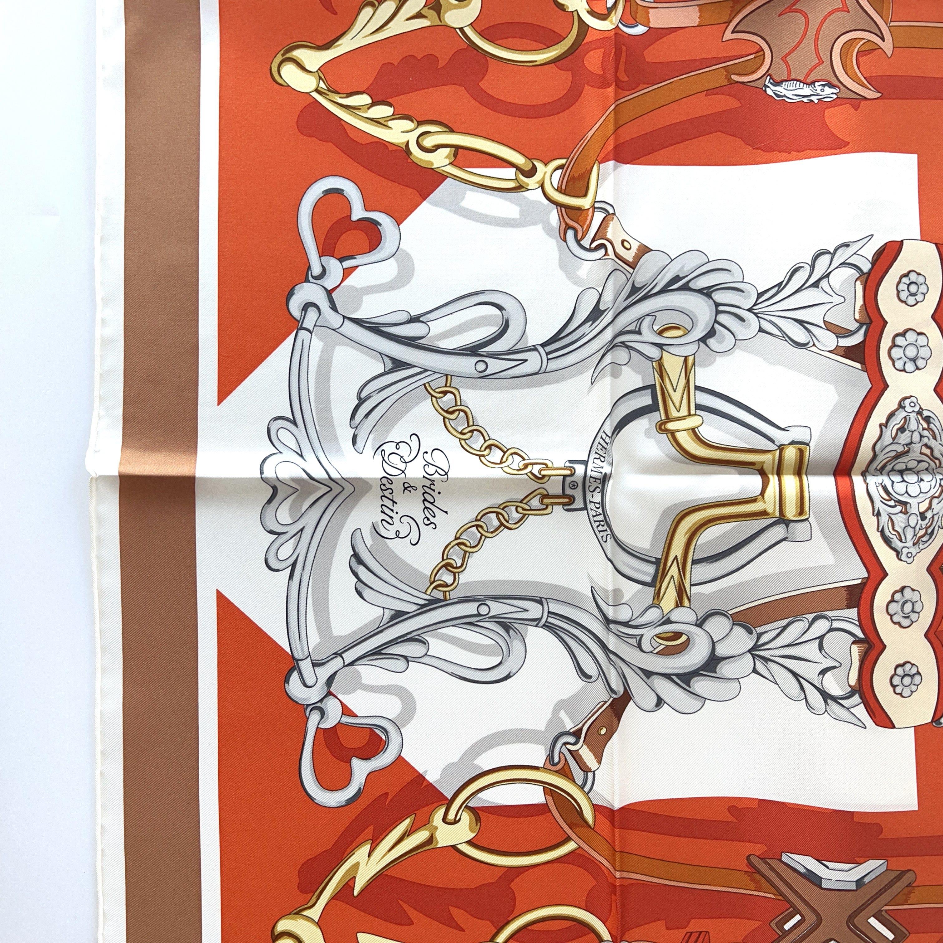 Shop this Hermes Brides et Destin Scarf in Orange Cuit, Beige Doré and Blanc. The Brides et Destin Scarf is designed by Daiske Nomura featuring the three sisters from Greek mythology. The scarf is full of fun designs and creativity, with both