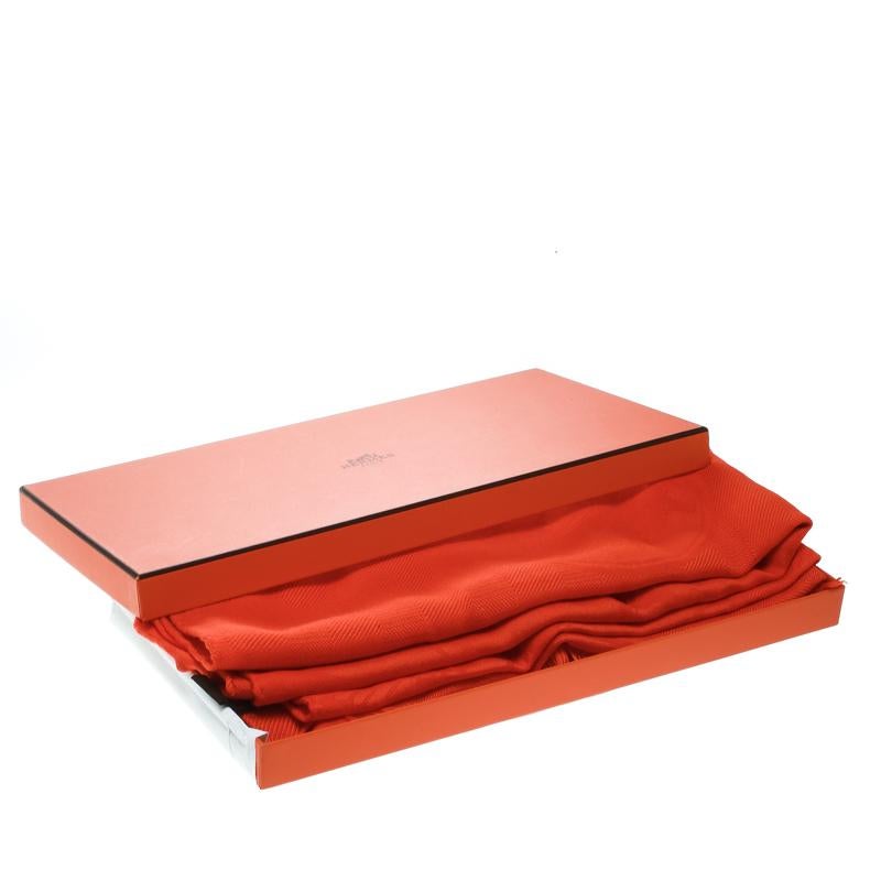 Red Hermes Bright Orange Silk and Cashmere Jacquard New Libris Stole