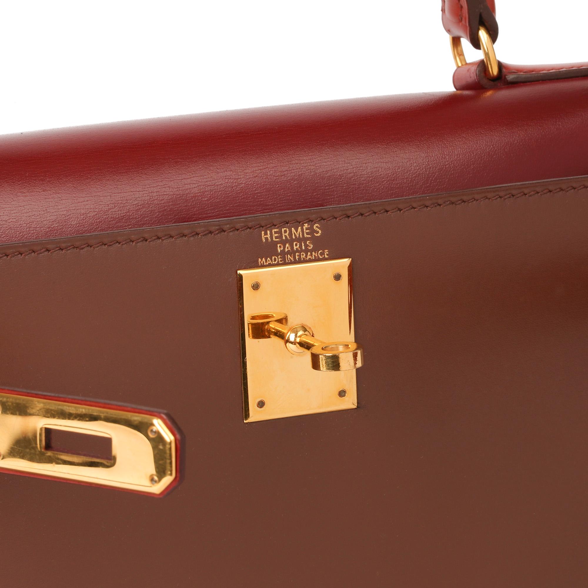 Hermès Brique, Rouge H & Chocolate Box Calf Leather Vintage Kelly 28cm In Excellent Condition In Bishop's Stortford, Hertfordshire