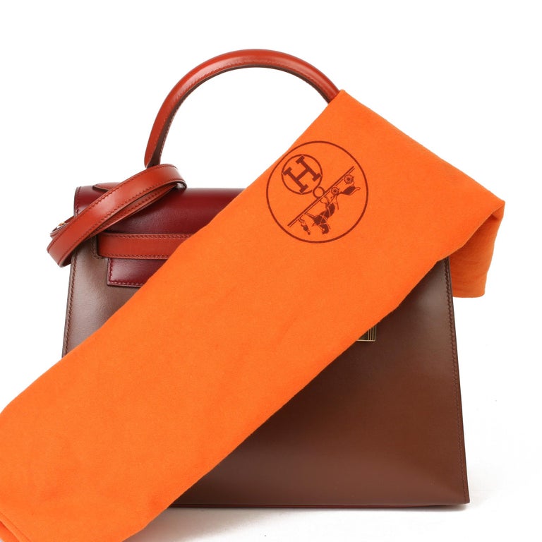 Hermès Brique, Rouge H and Chocolate Box Calf Leather Vintage Kelly 28cm  For Sale at 1stDibs