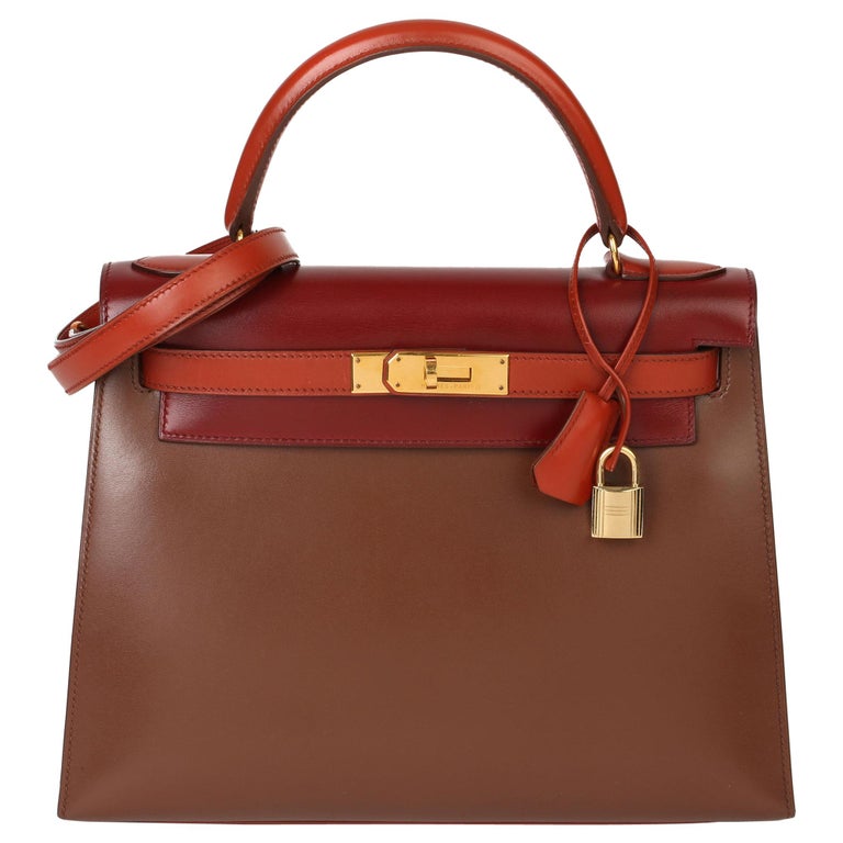 Hermès Brique, Rouge H and Chocolate Box Calf Leather Vintage Kelly 28cm  For Sale at 1stDibs