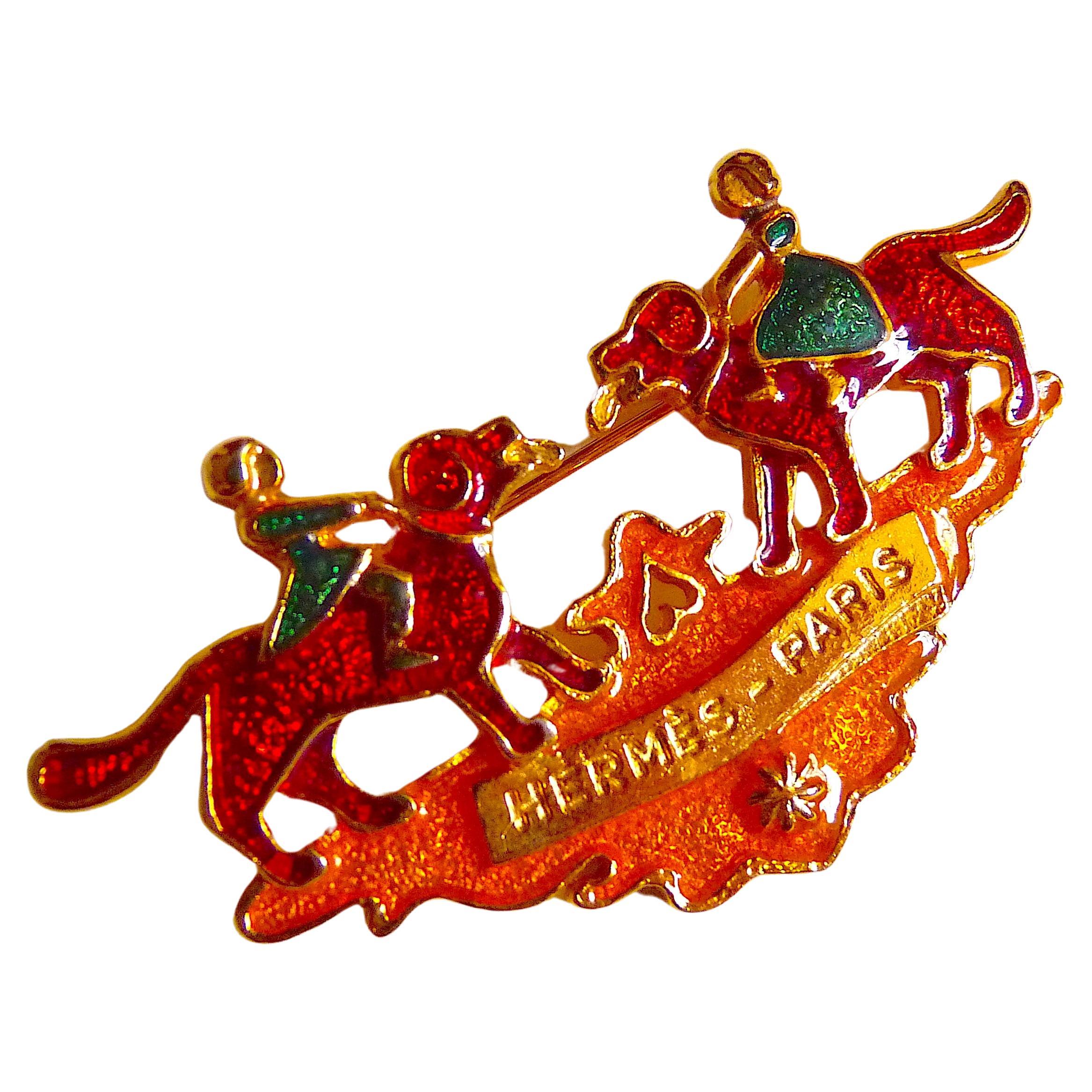 Hermes Brooch Early America Enamel and Gilt Metal, 1990s For Sale