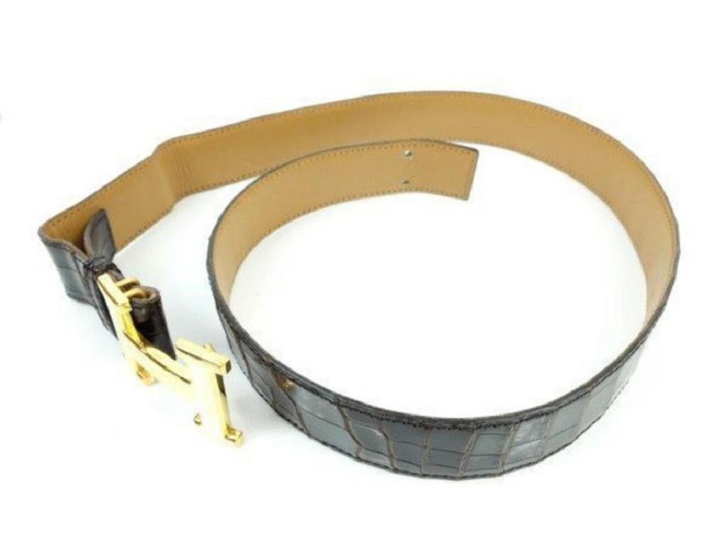 Black Hermes Brown 32mm Crocodile Reversible H Logo Kit Gold239722 Belt