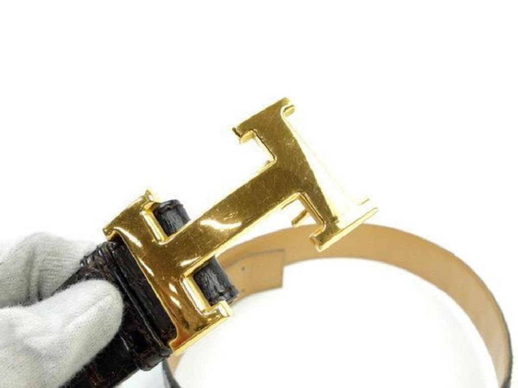 Hermes Brown 32mm Crocodile Reversible H Logo Kit Gold239722 Belt In Good Condition In Dix hills, NY
