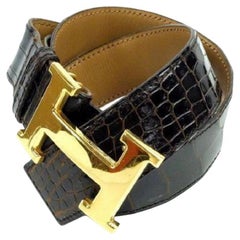 Hermes Brown 32mm Crocodile Reversible H Logo Kit Gold239722 Belt