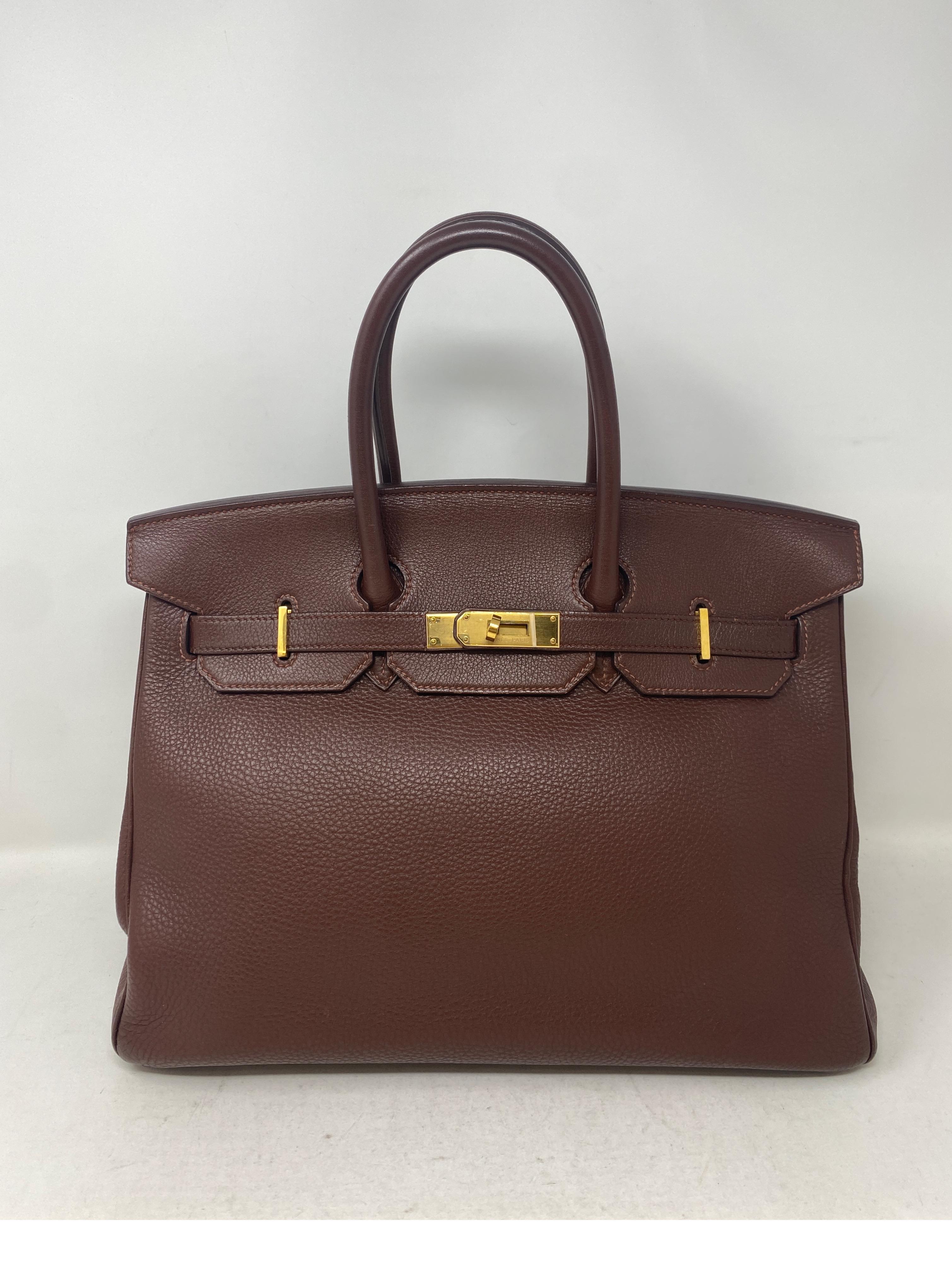 Hermes Birkin Brown 35 Bag. Excellent condition. Nice neutral chocolate brown color. Togo leather. Gold hardware. Great bag priced to sell. Includes clochette, lock, keys, and dust bag. Guaranteed authentic. 