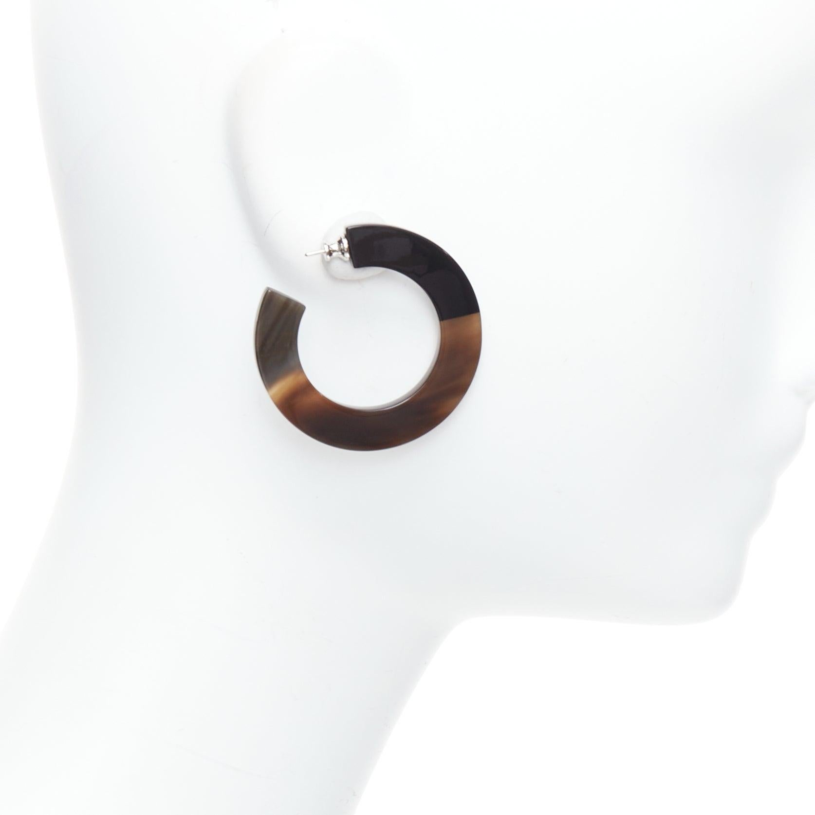 HERMES brown black buffalo horn palladium hoop pin earrings Pair In Excellent Condition In Hong Kong, NT