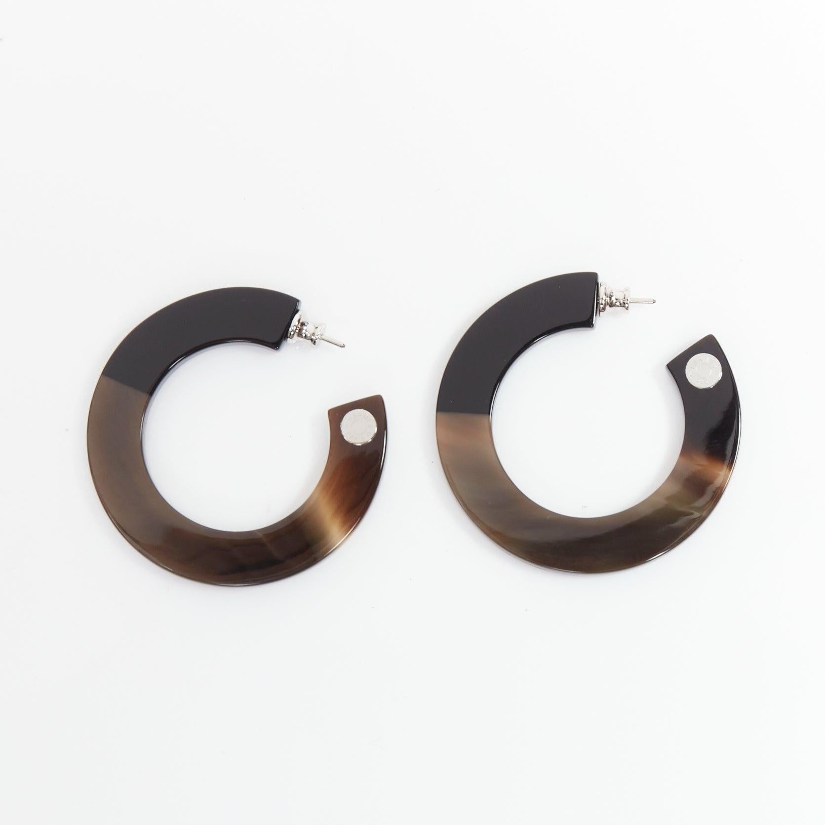 Women's HERMES brown black buffalo horn palladium hoop pin earrings Pair