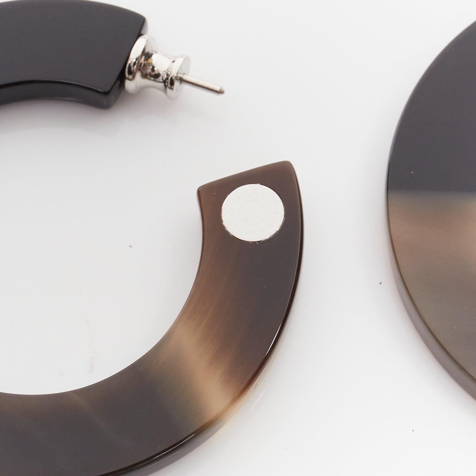 HERMES brown black buffalo horn palladium hoop pin earrings Pair 2