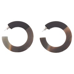 HERMES brown black buffalo horn palladium hoop pin earrings Pair
