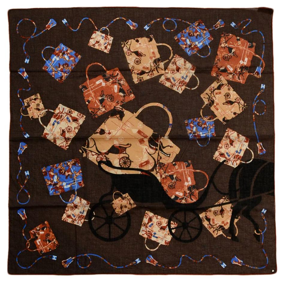 Hermes Brown Blue "Kelly en Caleche" 70cm Cotton Scarf by Cyrille Diatkine