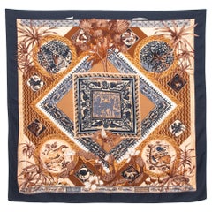 Hermès Brown & Blue Le Jardin Des Coptes Cashmere Silk Scarf