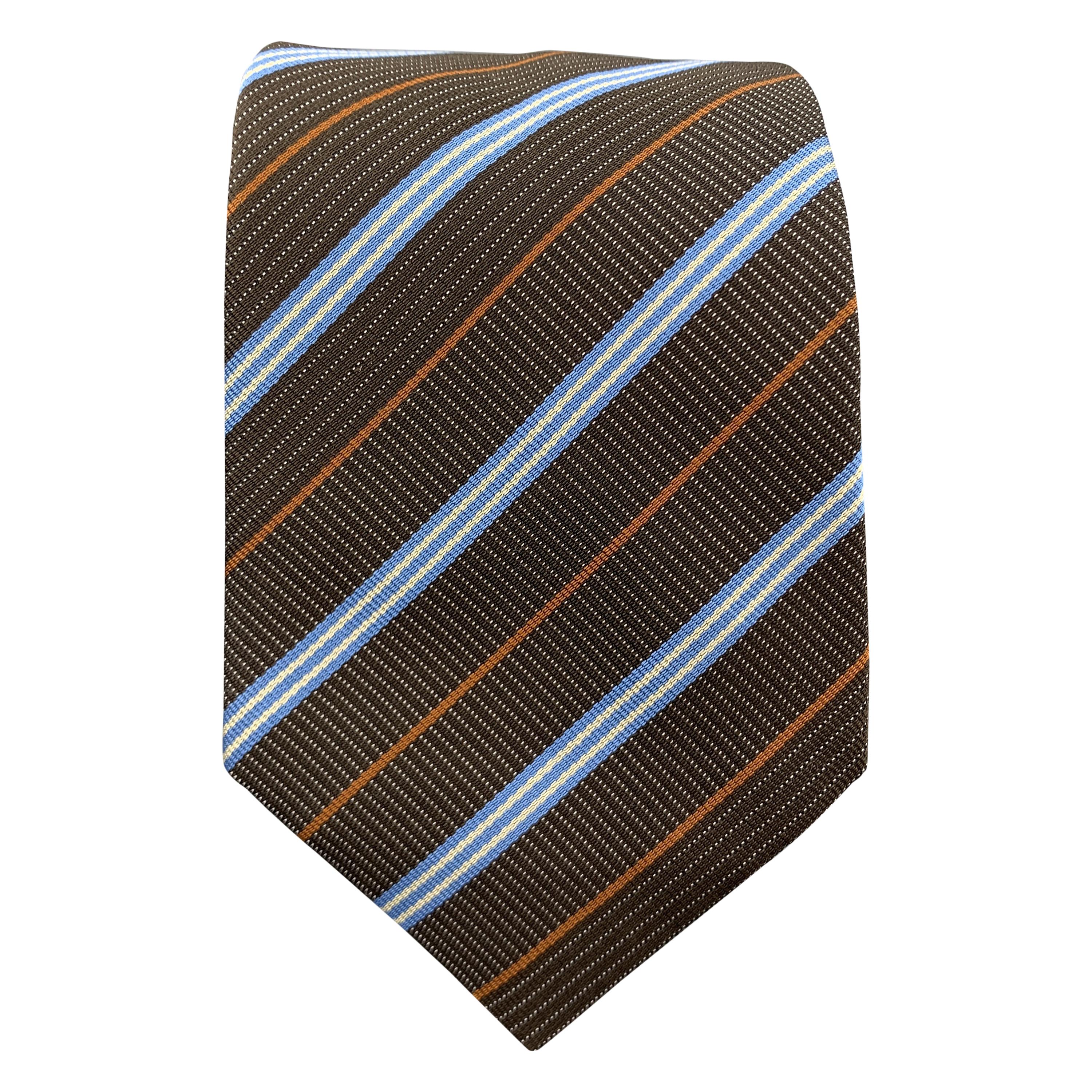 HERMES Brown Blue & Rust Diagonal Stripe Woven Silk Tie 758761 T