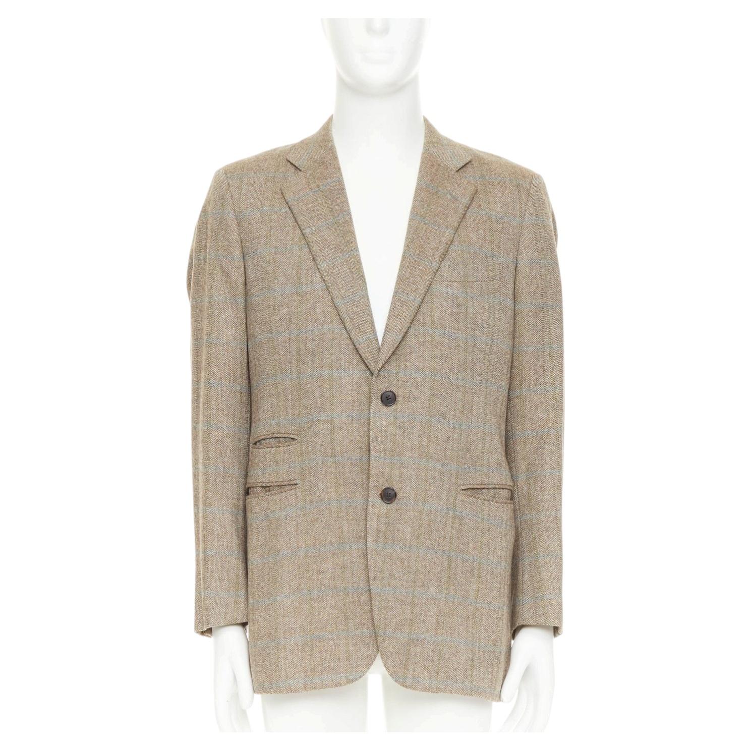 HERMES brown blue wool mohair cashmere checked full canvas blazer EU50 L