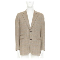 HERMES brown blue wool mohair cashmere checked full canvas blazer EU50 L