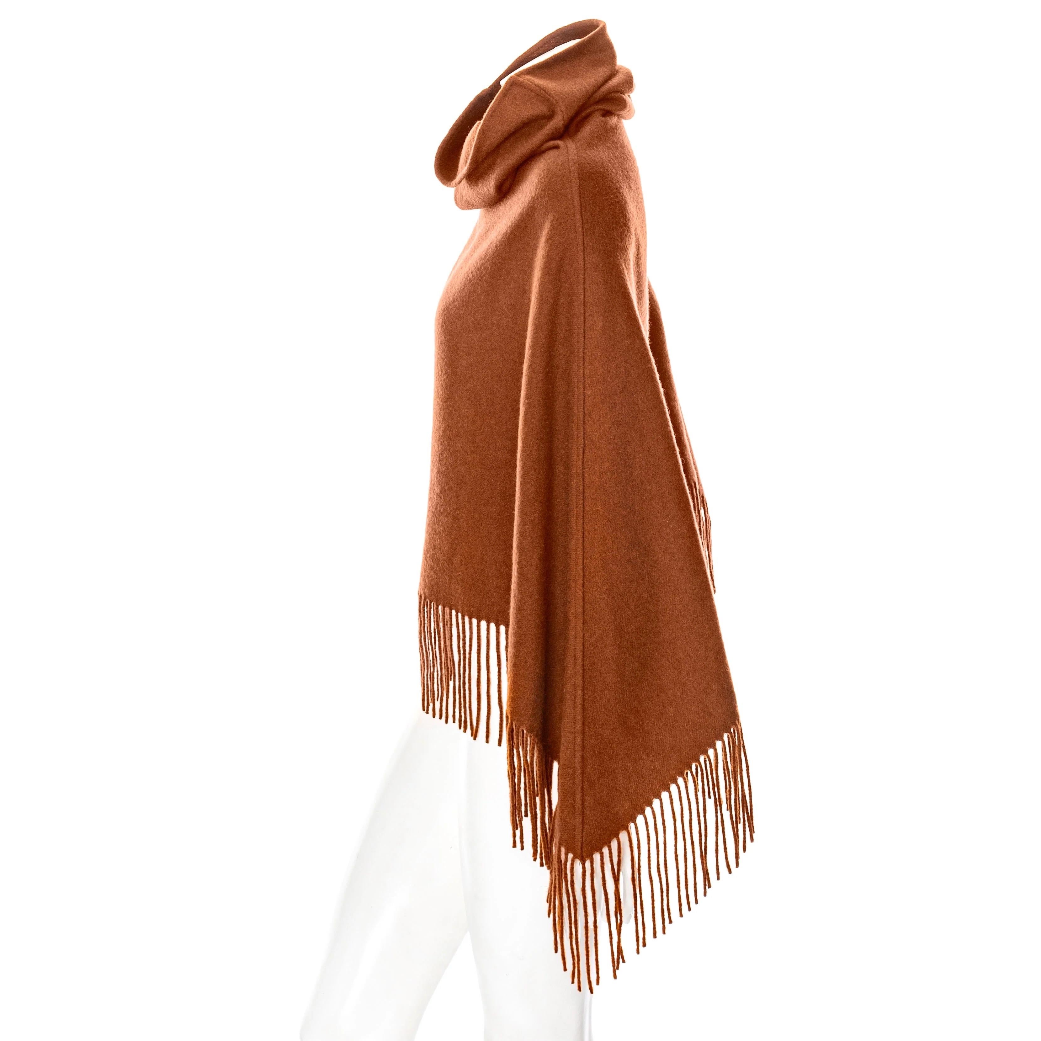 Hermès Brown Cashmere Fringed Cowl-Neck Poncho In Excellent Condition For Sale In Los Angeles, CA