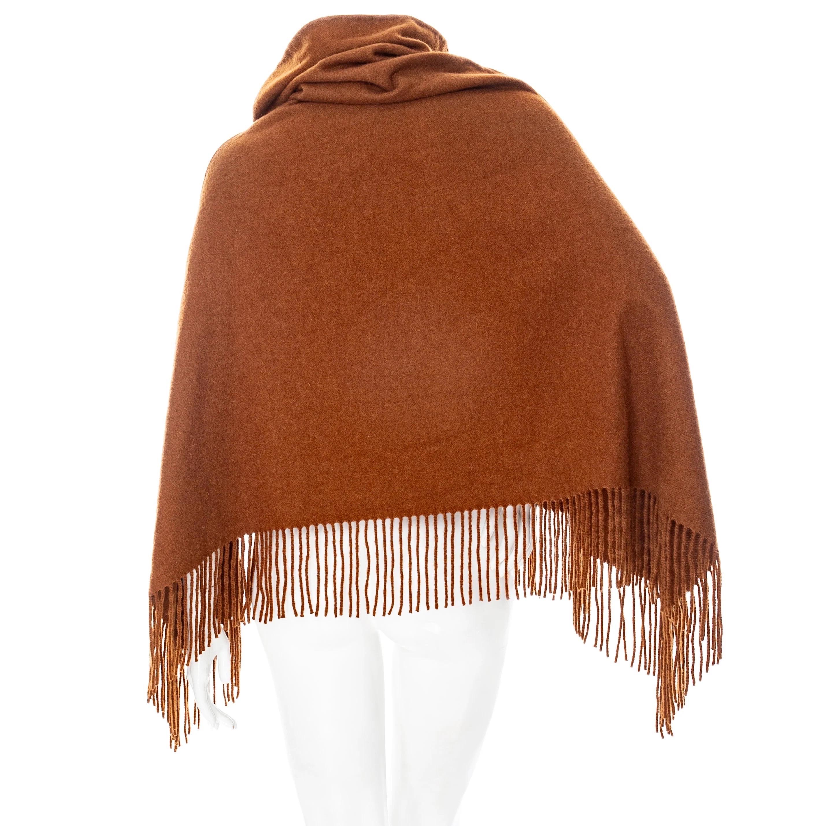 Hermès Brown Cashmere Fringed Cowl-Neck Poncho For Sale 1