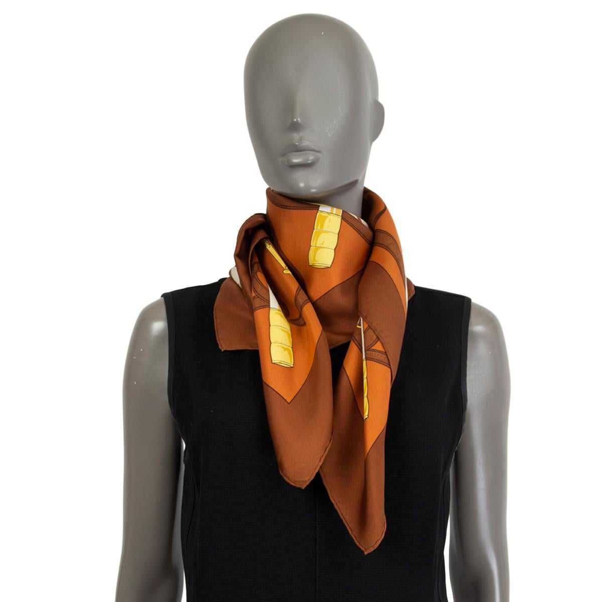 HERMES brown & cognac silk EPERON D'OR 90 TWILL Scarf For Sale 1