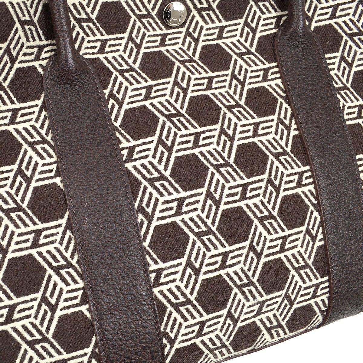 Bianco HERMES Borsa Tote marrone crema avorio con motivo Toile in tela e finiture in pelle in vendita