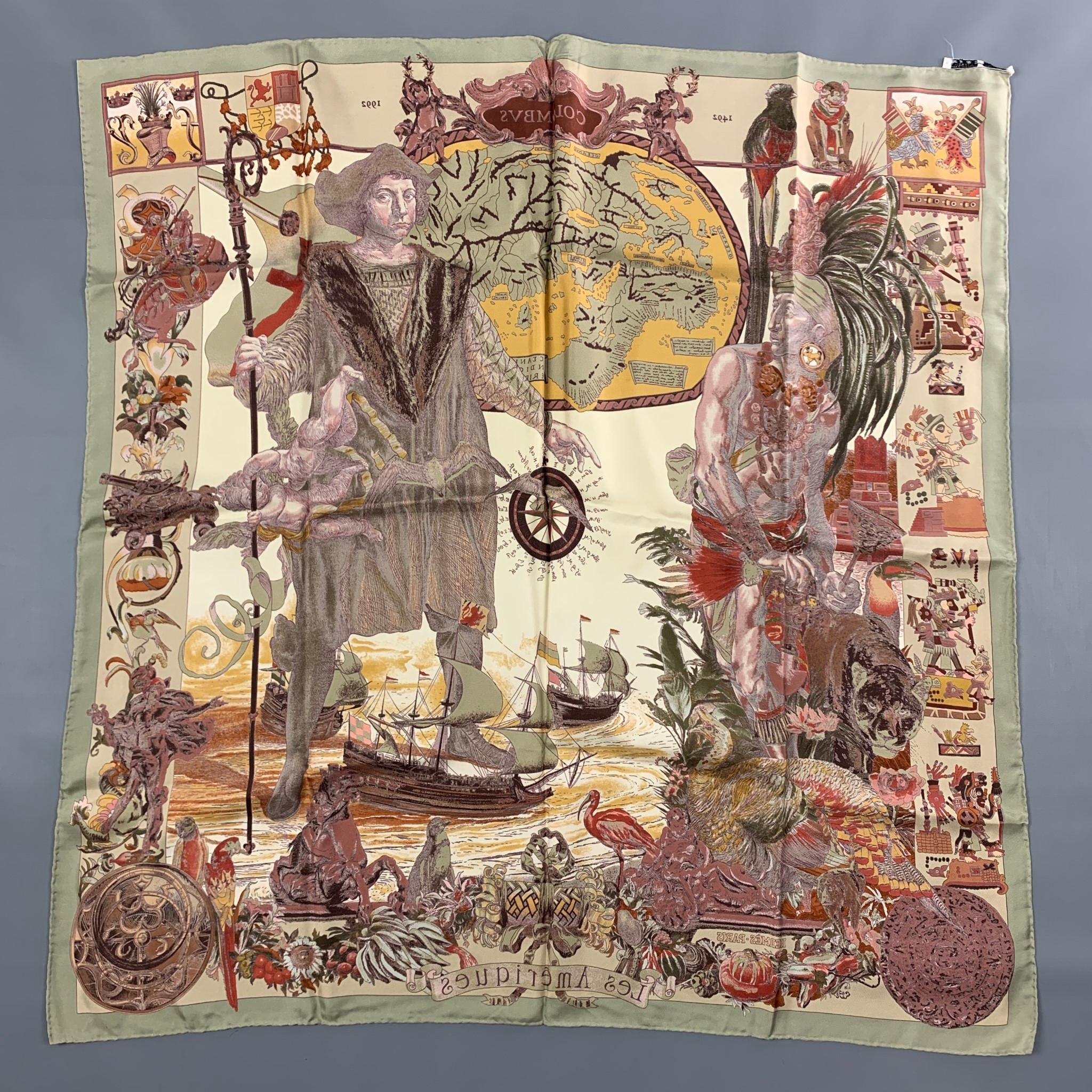 HERMES 'Les Ameriques' scarf comes in a brown & cream print silk featuring hand rolled edges. Includes box. Made in France. 

Very Good Pre-Owned Condition.

Measurements:

35 in. x 35 in. 