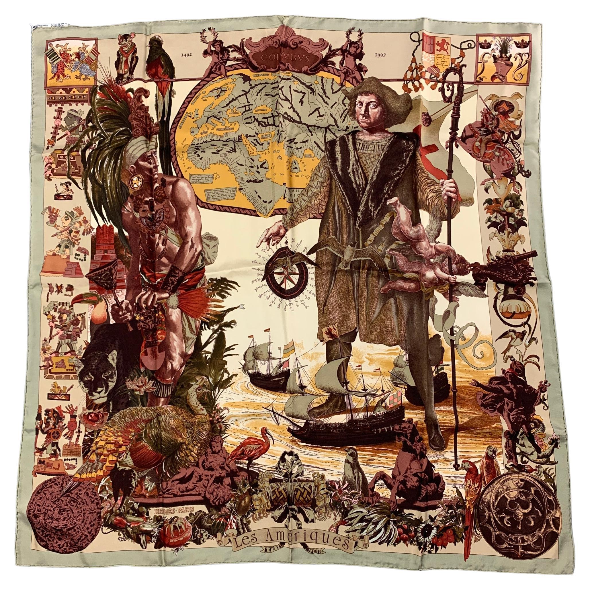 HERMES Brown Cream Taupe Silk Les Ameriques Scarf