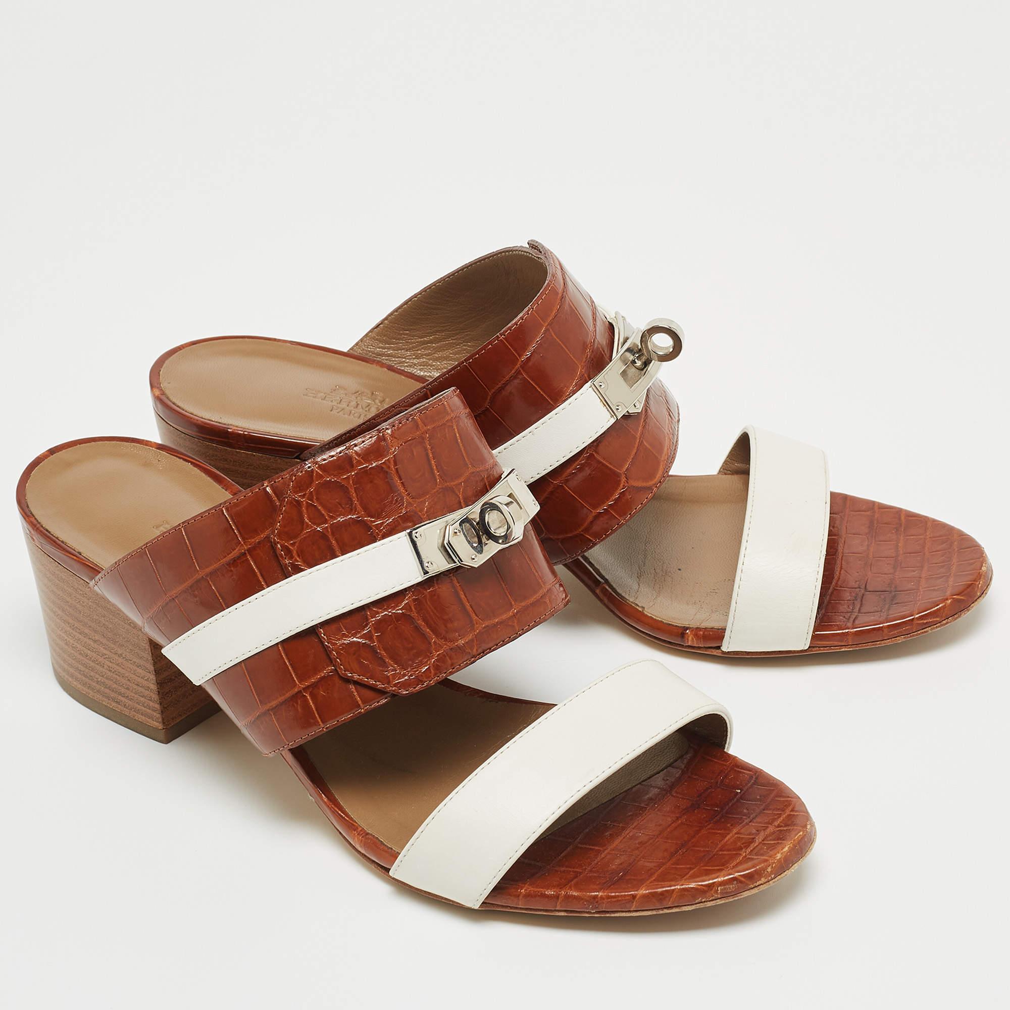 Women's Hermes Brown Crocodile and Leather Ovation Slide Sandals 
