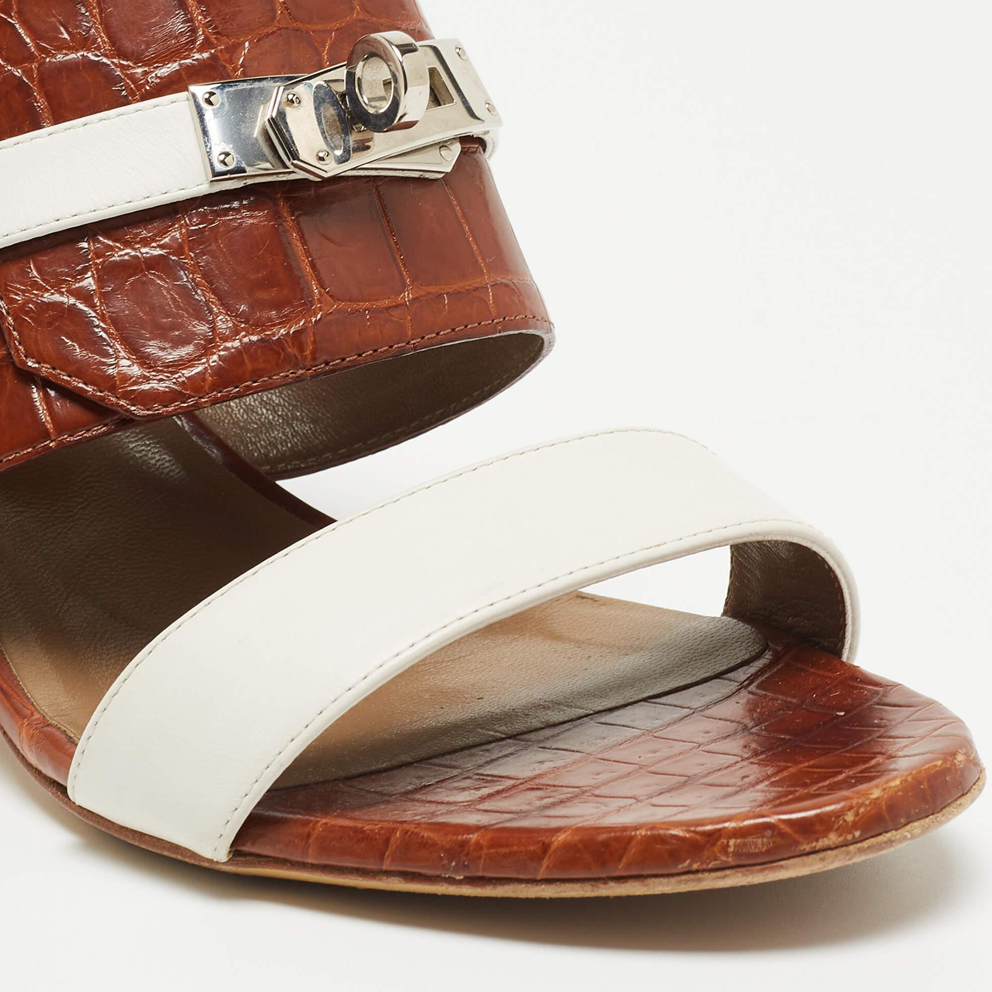 Hermes Brown Crocodile and Leather Ovation Slide Sandals  1