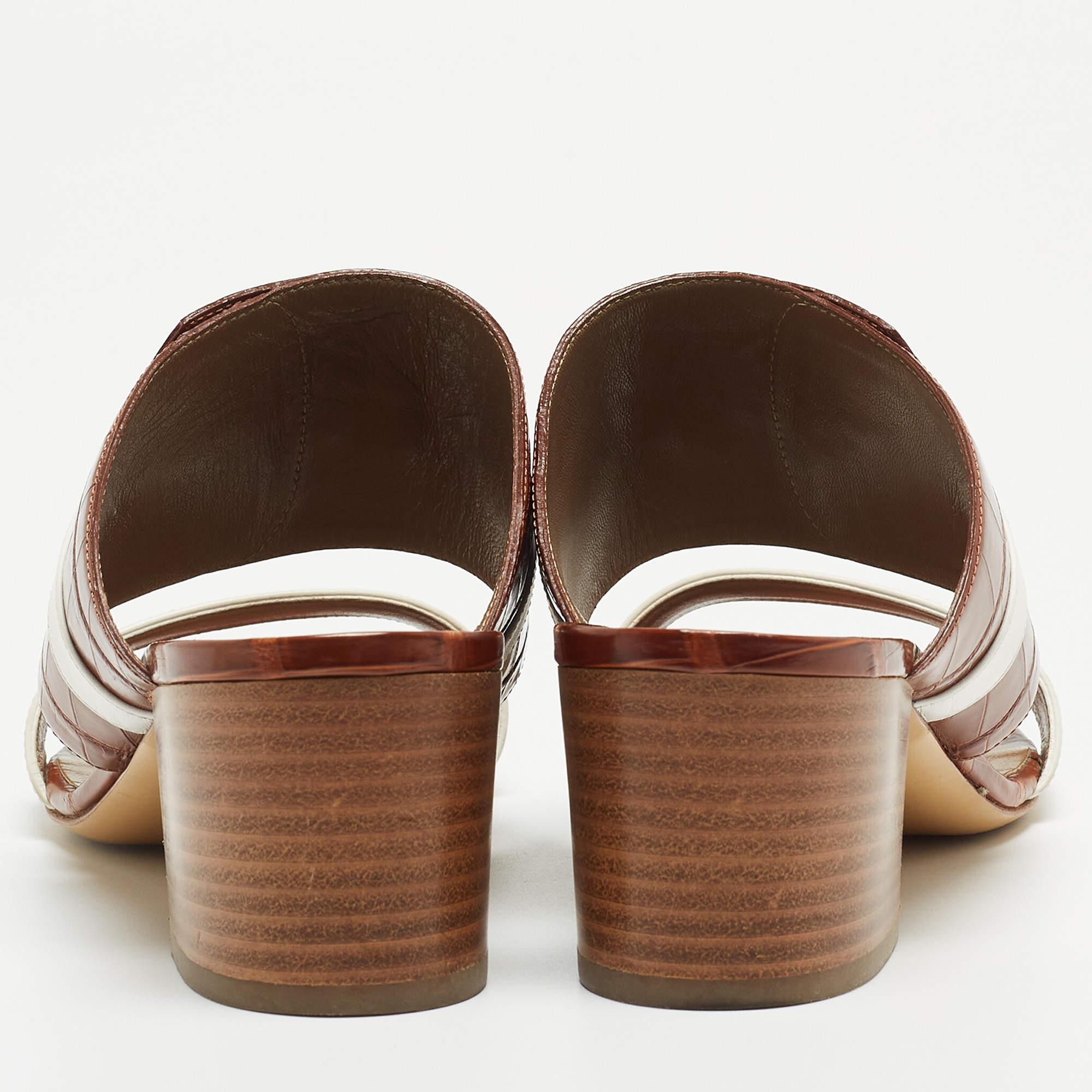 Hermes Brown Crocodile and Leather Ovation Slide Sandals  2