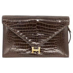 Hermès Brown Crocodile Lydie Crossbody Envelope Shoulder Bag, 1980.