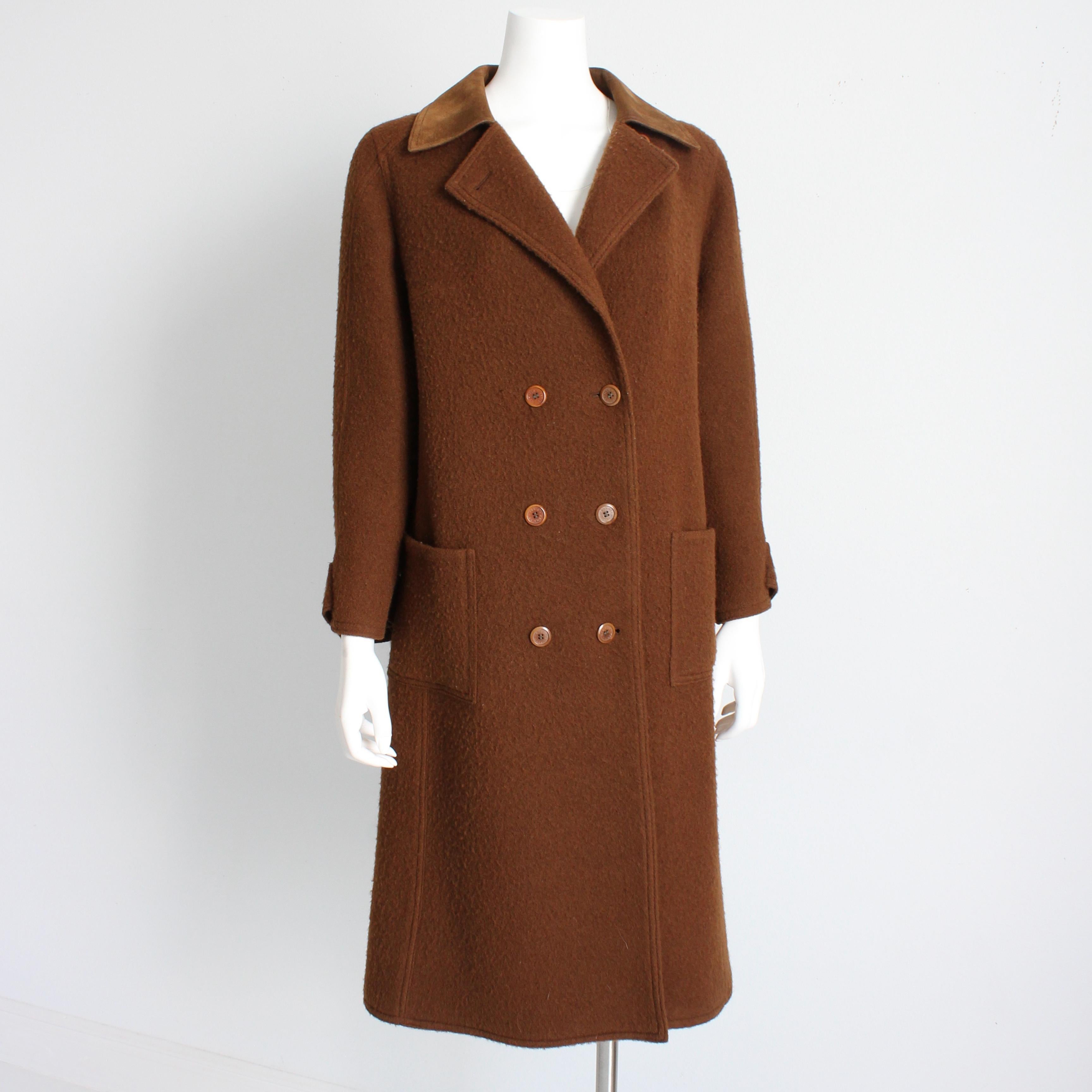 Hermes Brown Double Breasted Suede Leather Trim Trench Style Wool Coat, 1970s For Sale 6