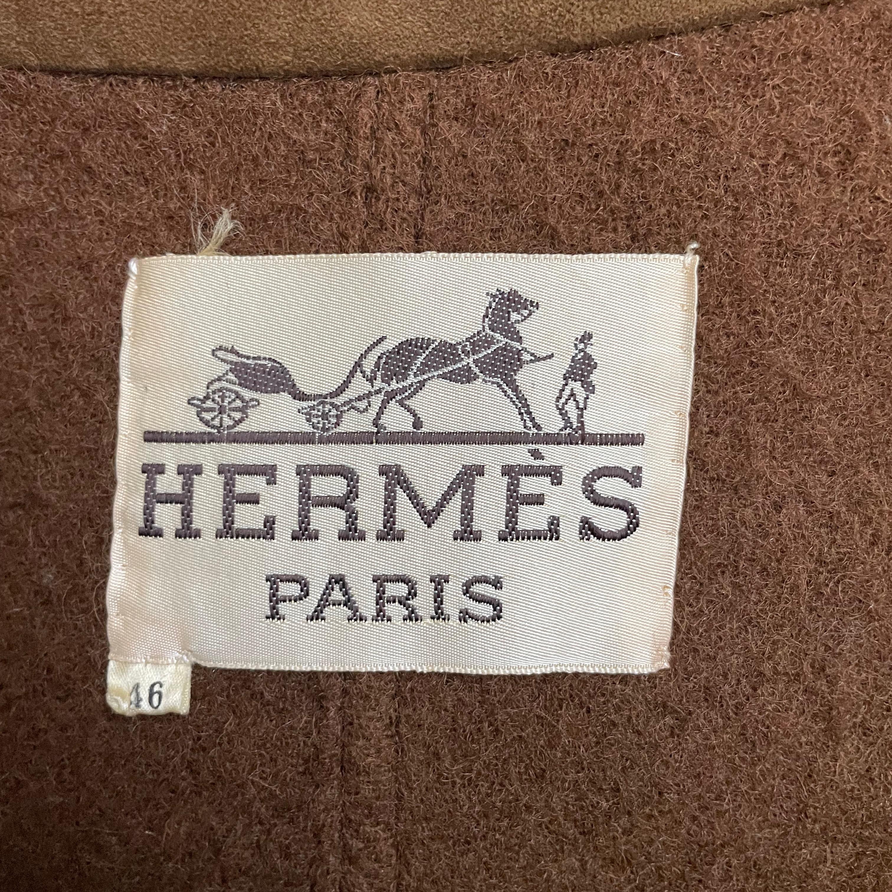 Hermes Brown Double Breasted Suede Leather Trim Trench Style Wool Coat, 1970s For Sale 7