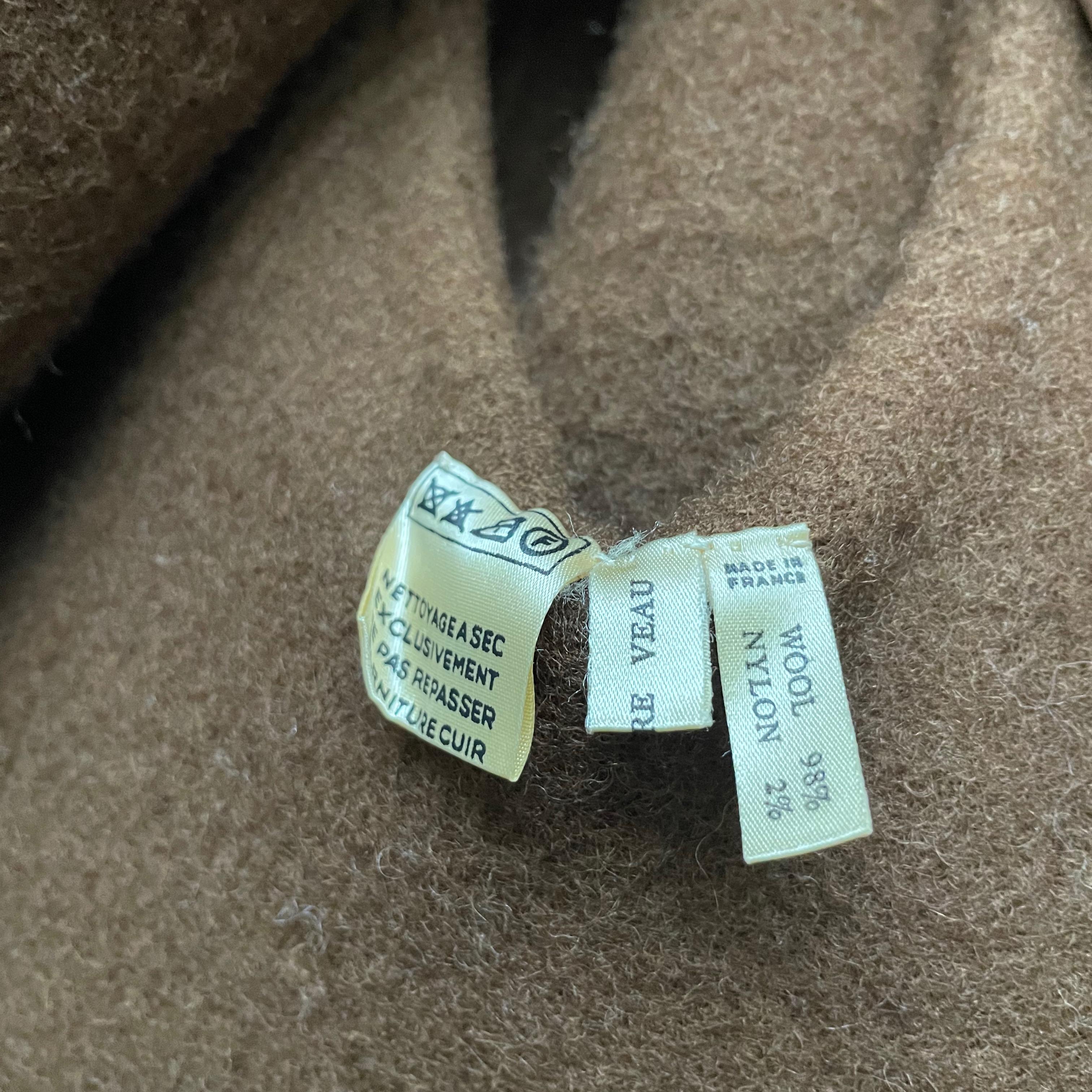 Hermes Brown Double Breasted Suede Leather Trim Trench Style Wool Coat, 1970s For Sale 7