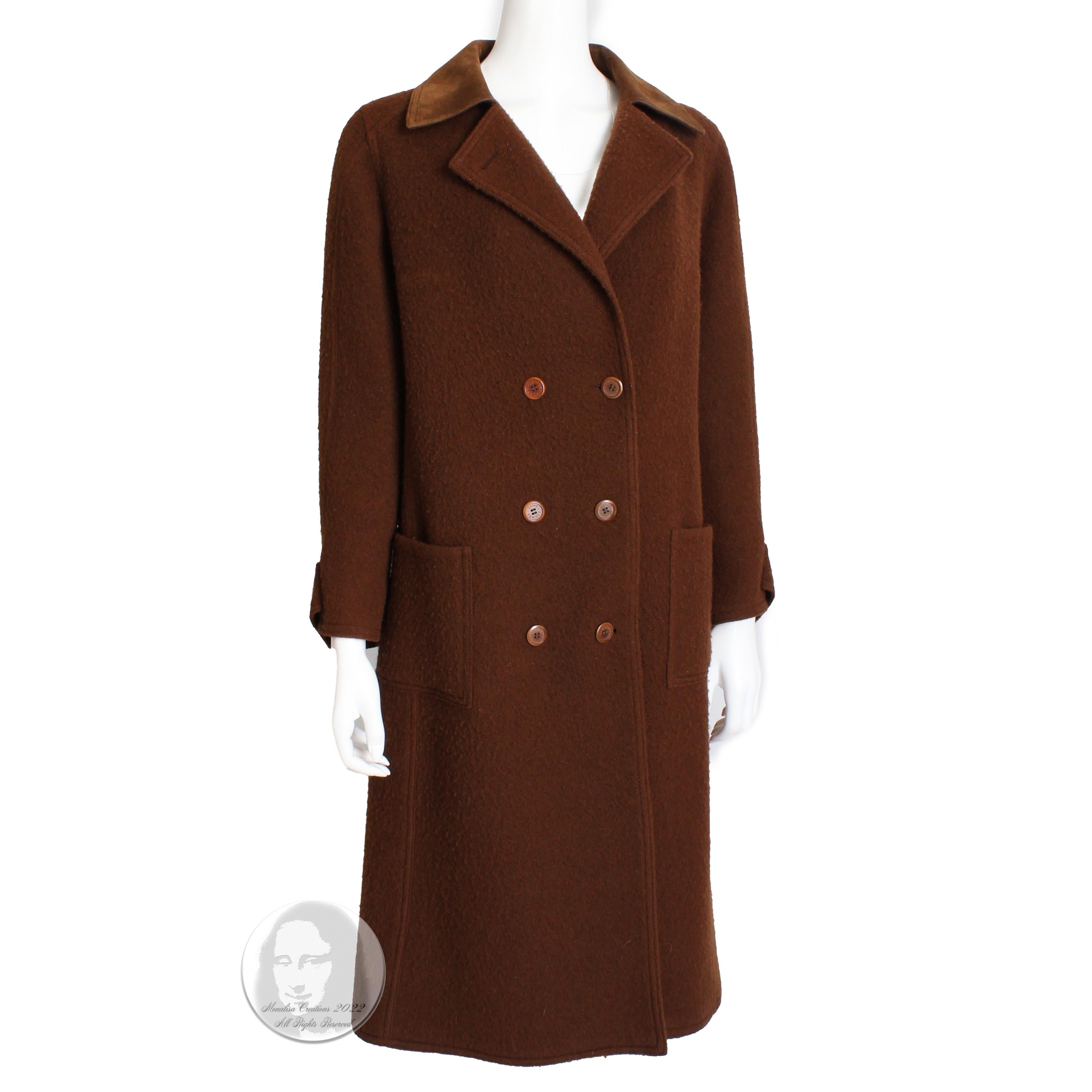 This fabulous coat was made by Hermes Paris, most likely in the late 1970s.  Made from a boiled wool blend in brown, it features a supple brown suede collar.  Timeless styling and construction on this piece - perfect for the fall and winter