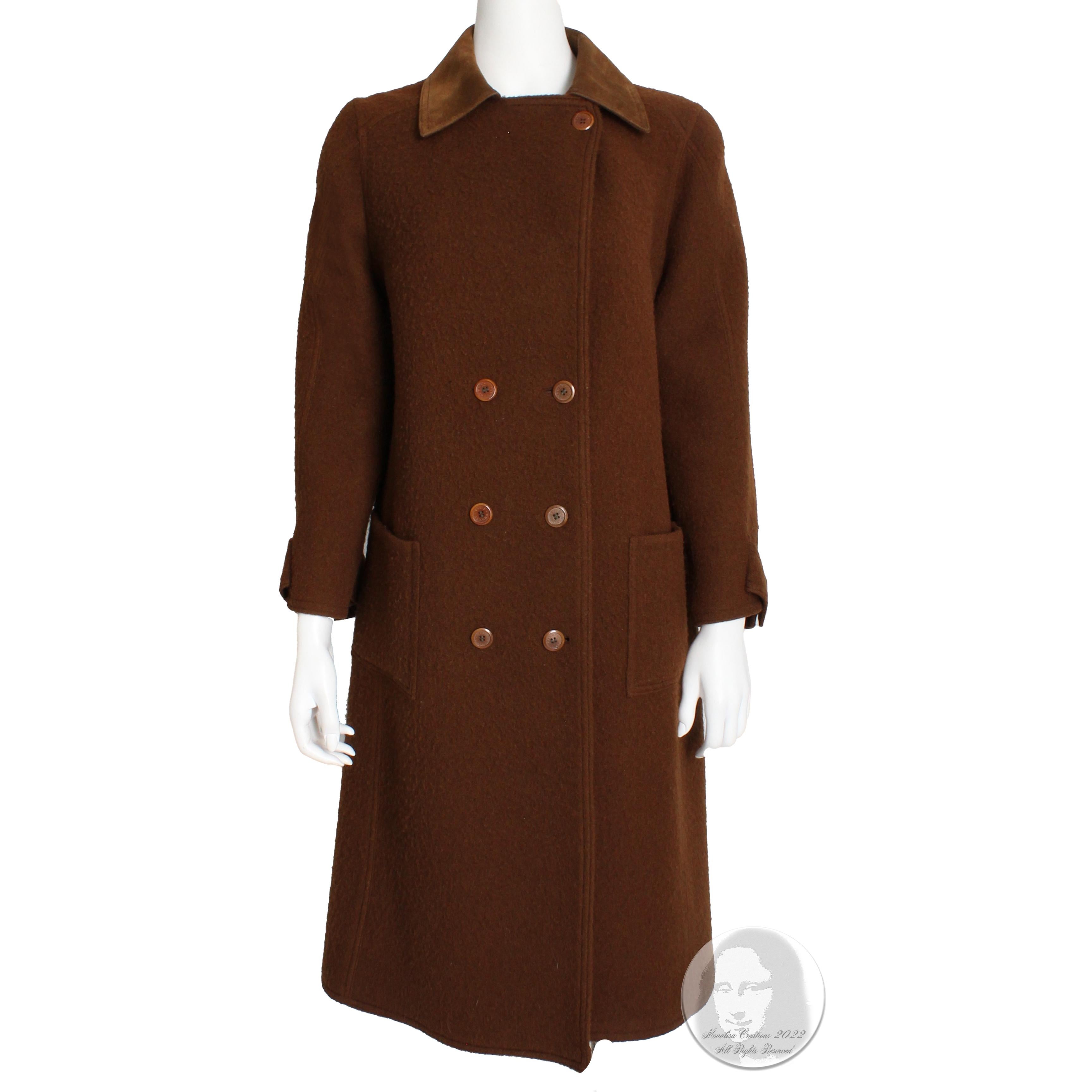 Hermes Brown Double Breasted Suede Leather Trim Trench Style Wool Coat, 1970s In Good Condition For Sale In Port Saint Lucie, FL