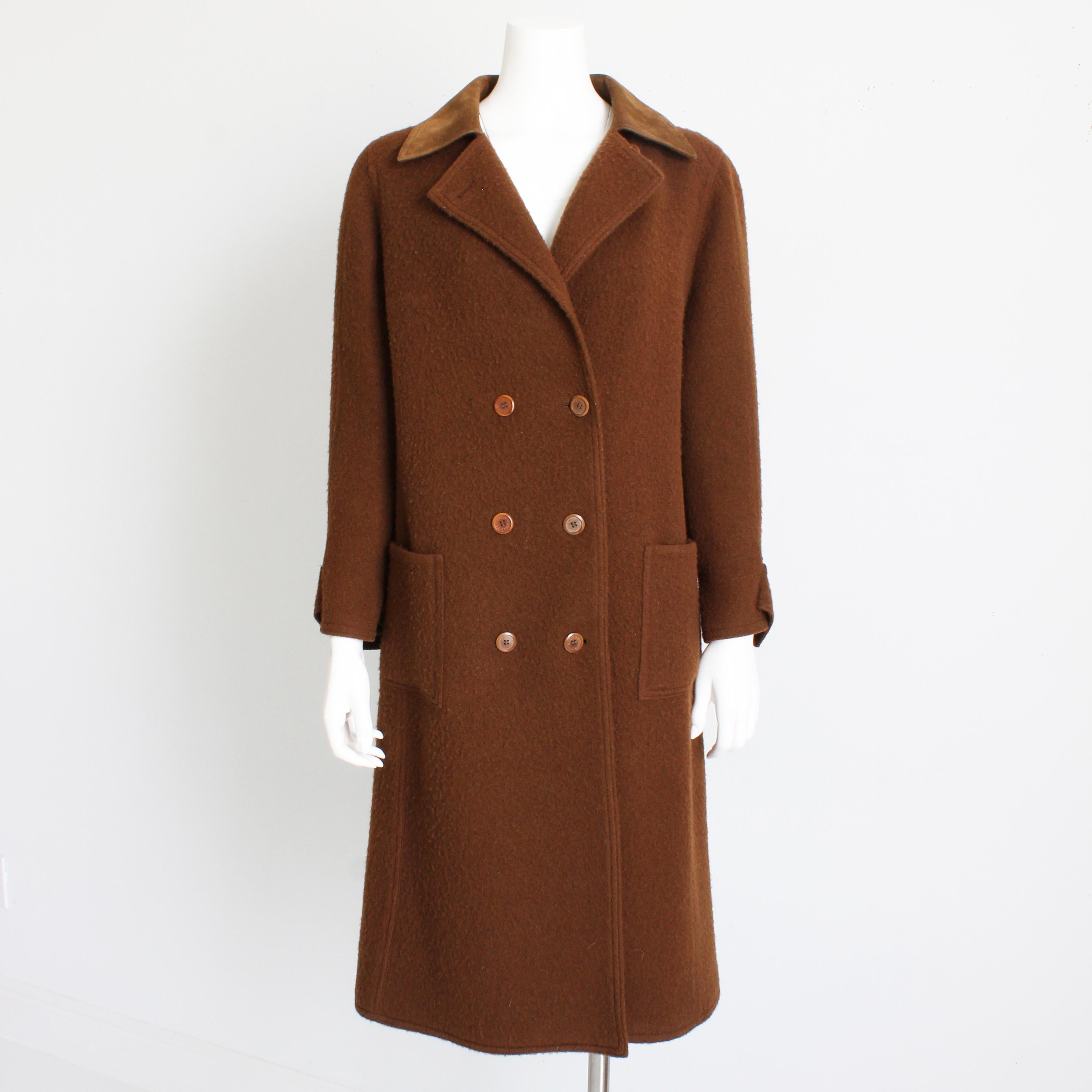 Hermes Brown Double Breasted Suede Leather Trim Trench Style Wool Coat, 1970s In Good Condition For Sale In Port Saint Lucie, FL