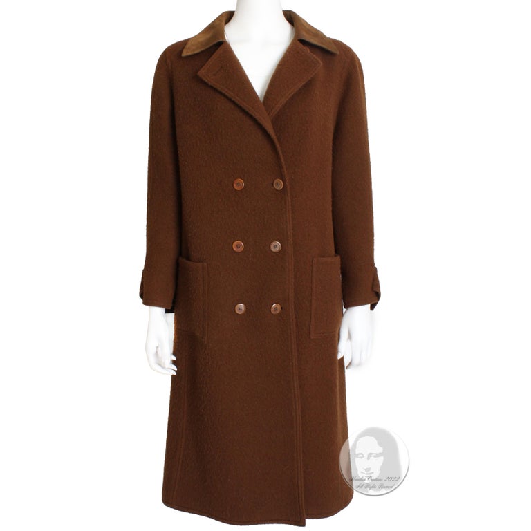 Hermes Brown Double Breasted Suede Leather Trim Trench Style Wool Coat ...