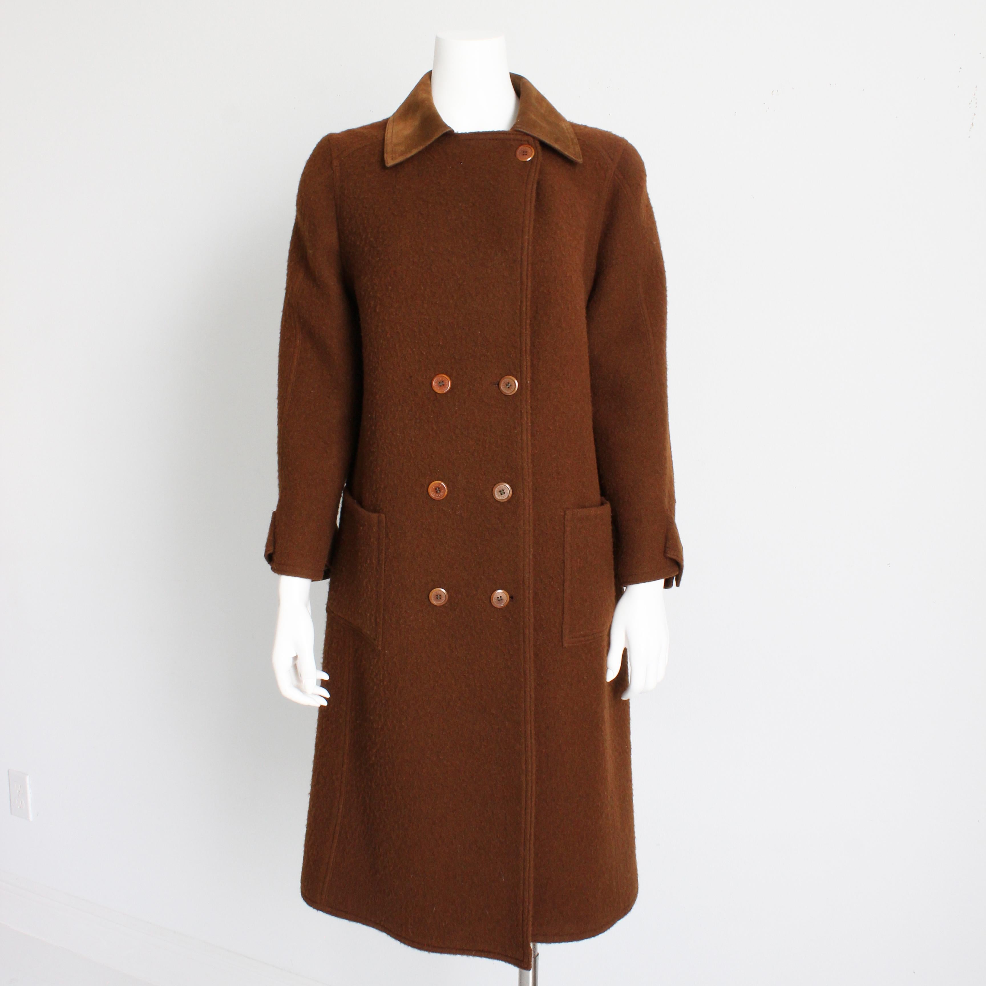 Women's Hermes Brown Double Breasted Suede Leather Trim Trench Style Wool Coat, 1970s For Sale