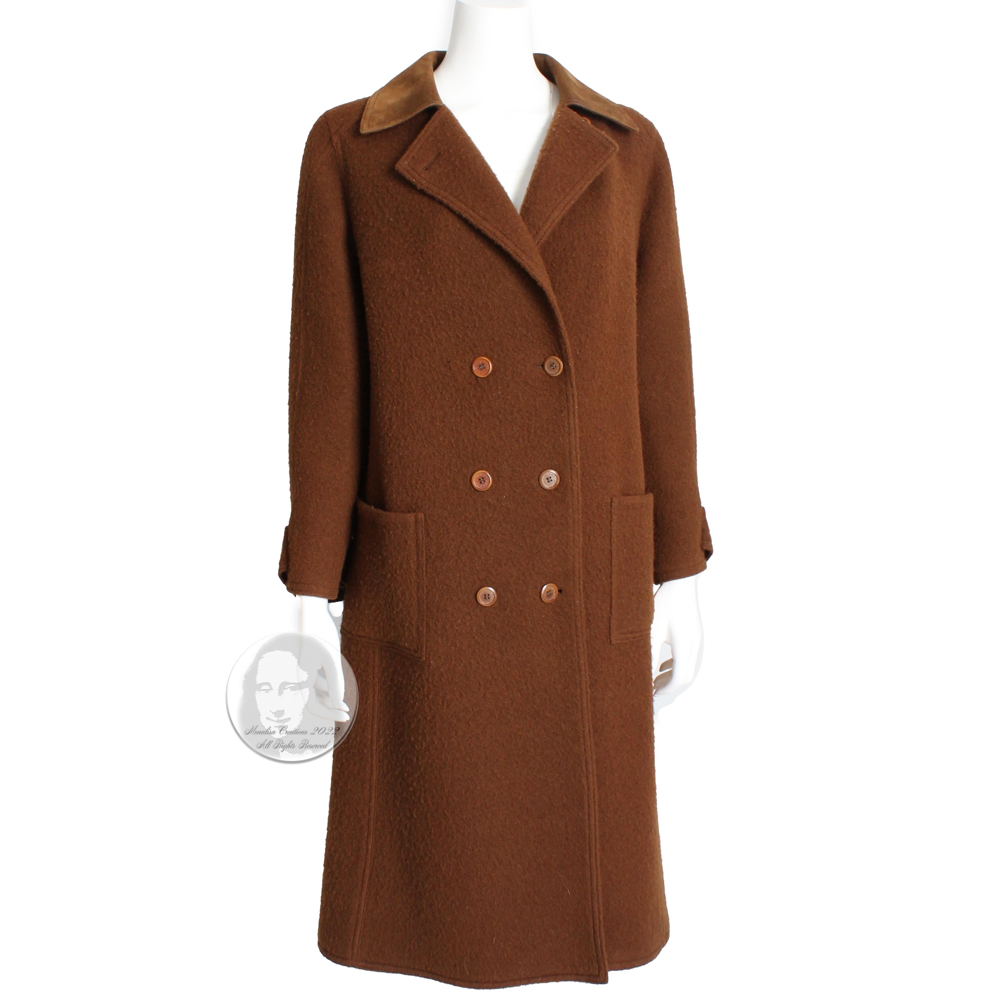 Hermes Brown Double Breasted Suede Leather Trim Trench Style Wool Coat, 1970s For Sale 1