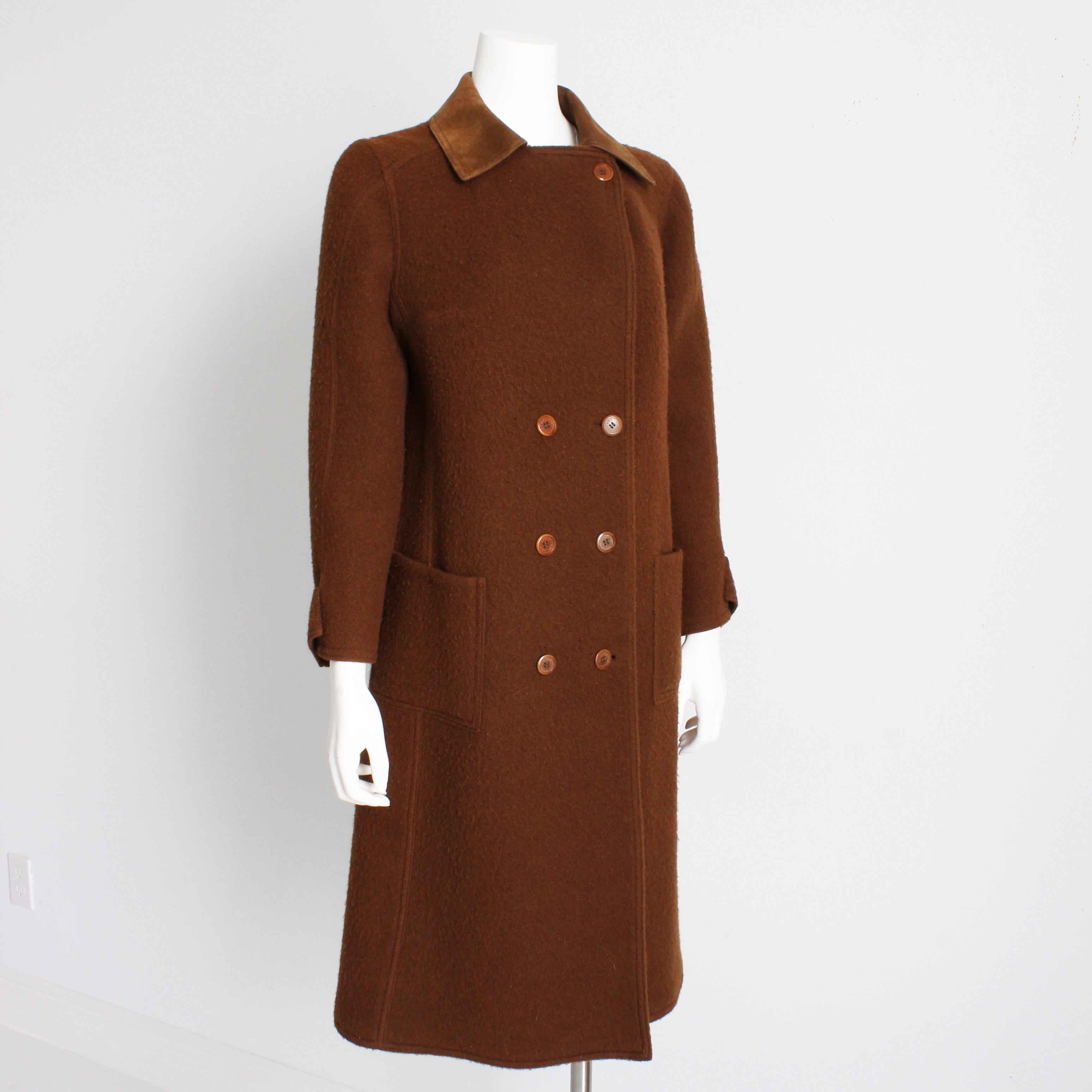 Hermes Brown Double Breasted Suede Leather Trim Trench Style Wool Coat, 1970s For Sale 1
