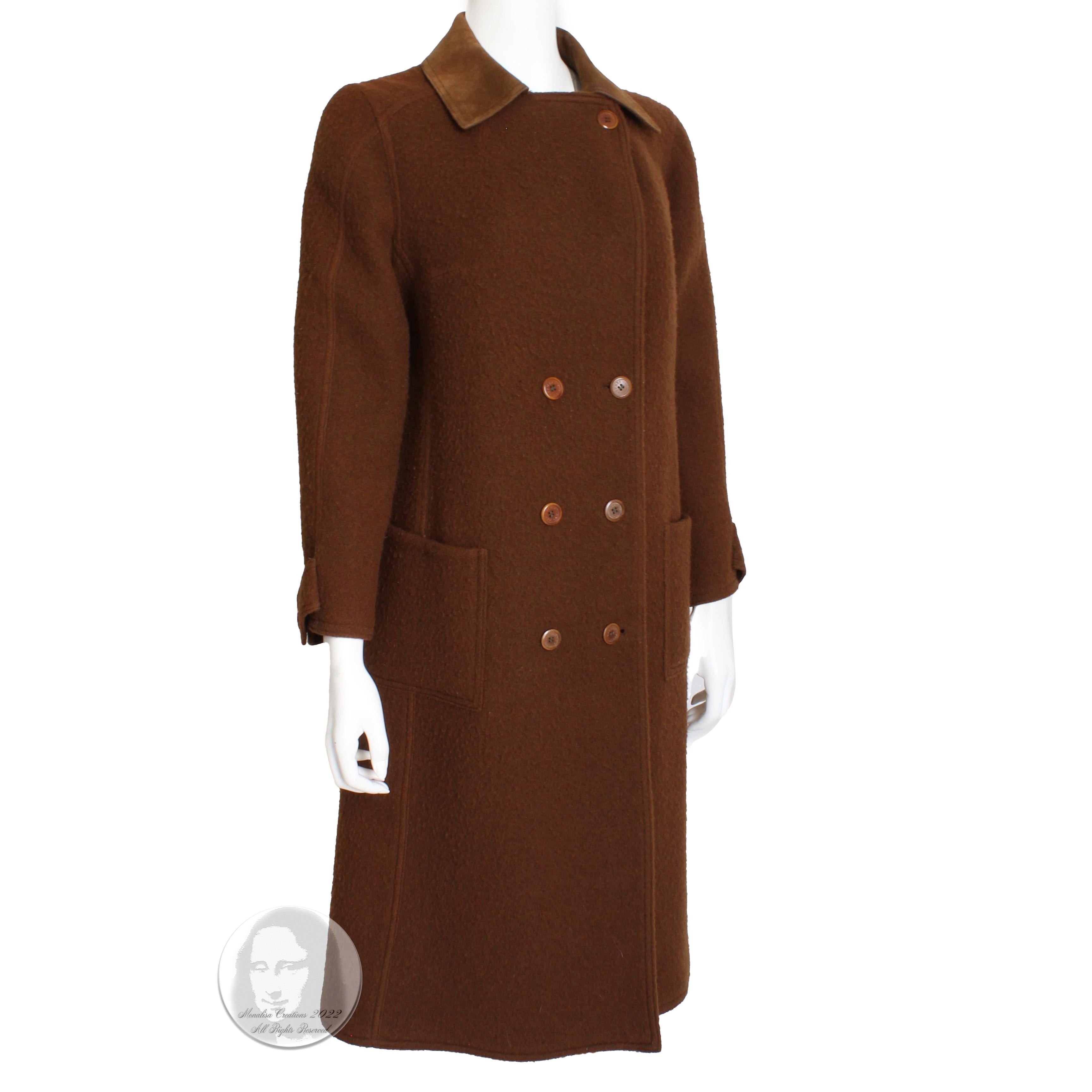 Hermes Brown Double Breasted Suede Leather Trim Trench Style Wool Coat, 1970s For Sale 2