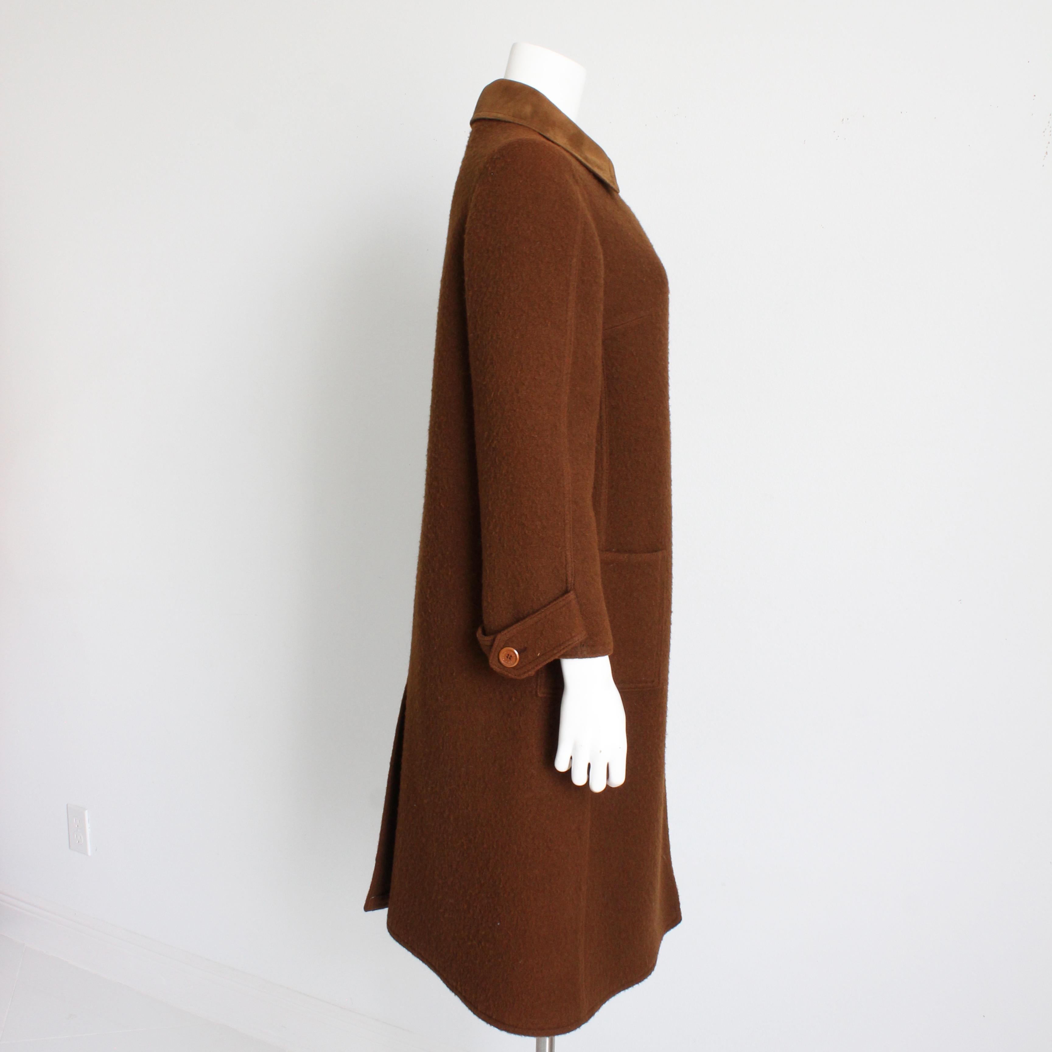 Hermes Brown Double Breasted Suede Leather Trim Trench Style Wool Coat, 1970s For Sale 2