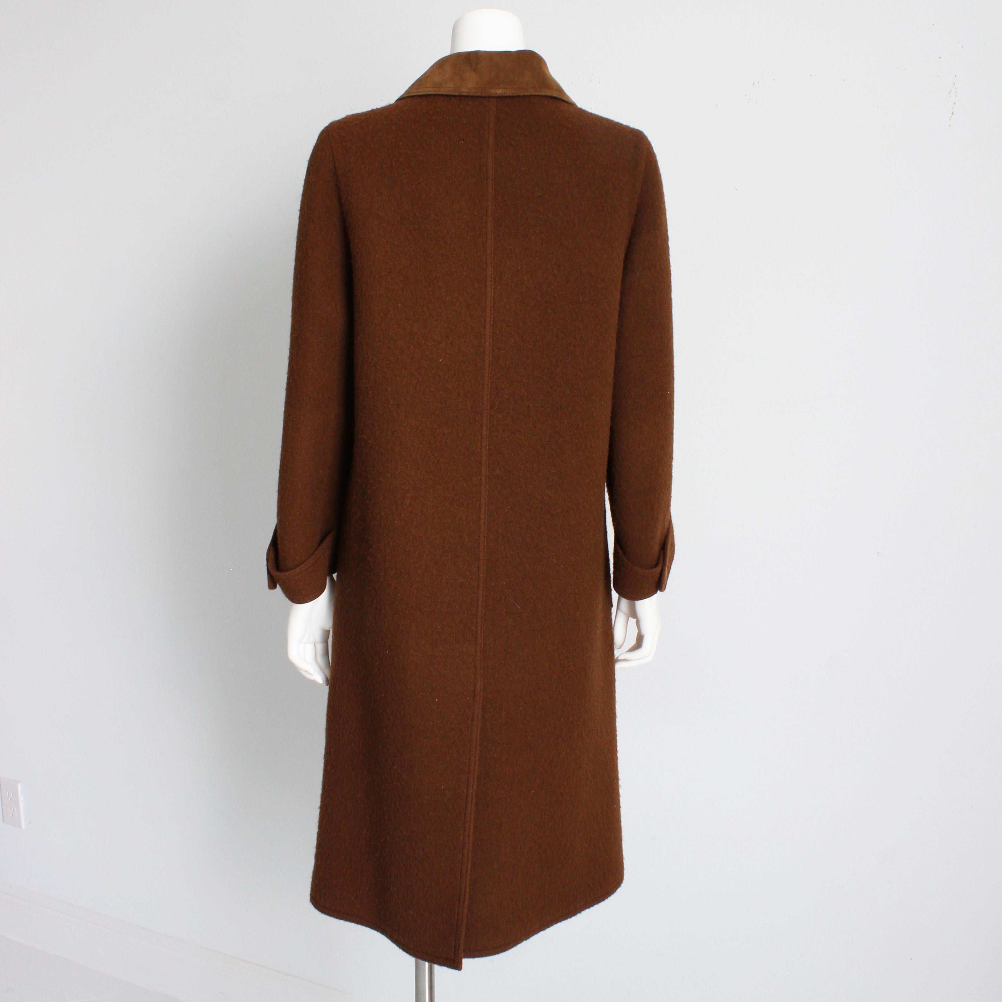 Hermes Brown Double Breasted Suede Leather Trim Trench Style Wool Coat, 1970s For Sale 3