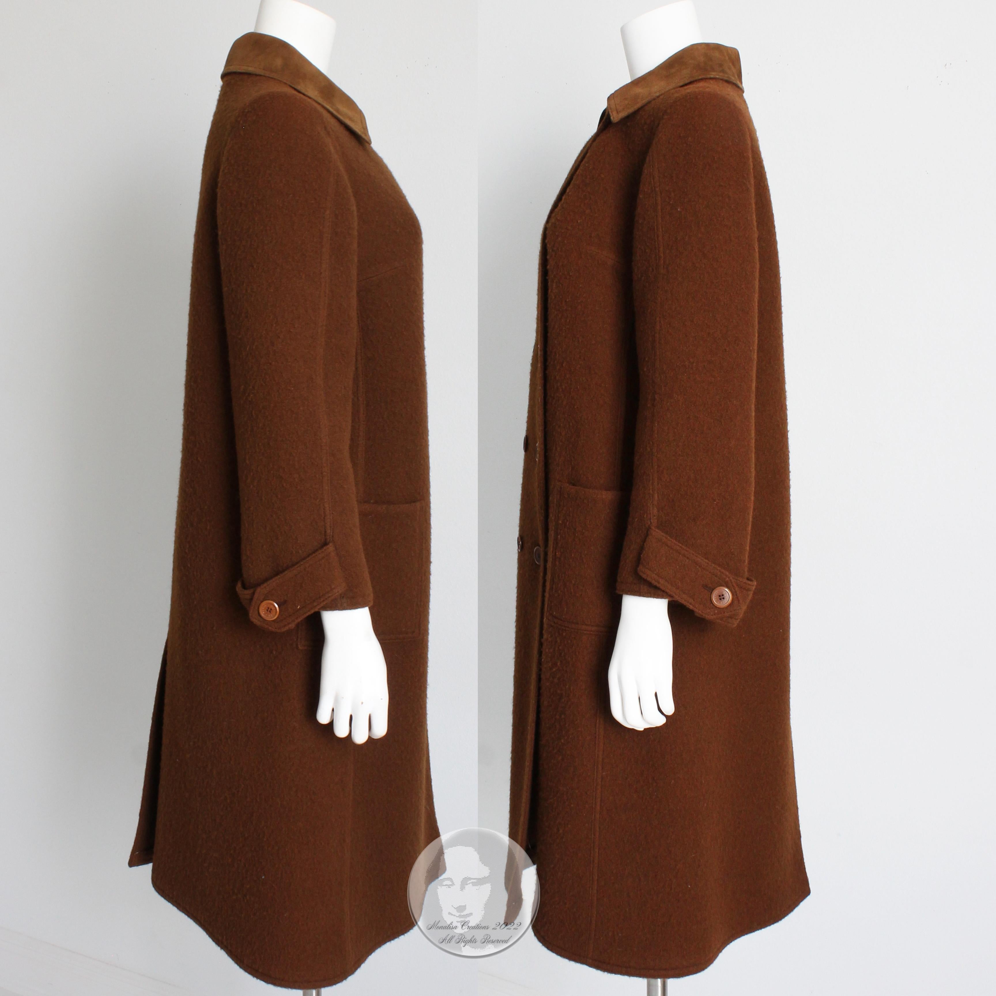 Hermes Brown Double Breasted Suede Leather Trim Trench Style Wool Coat, 1970s For Sale 4