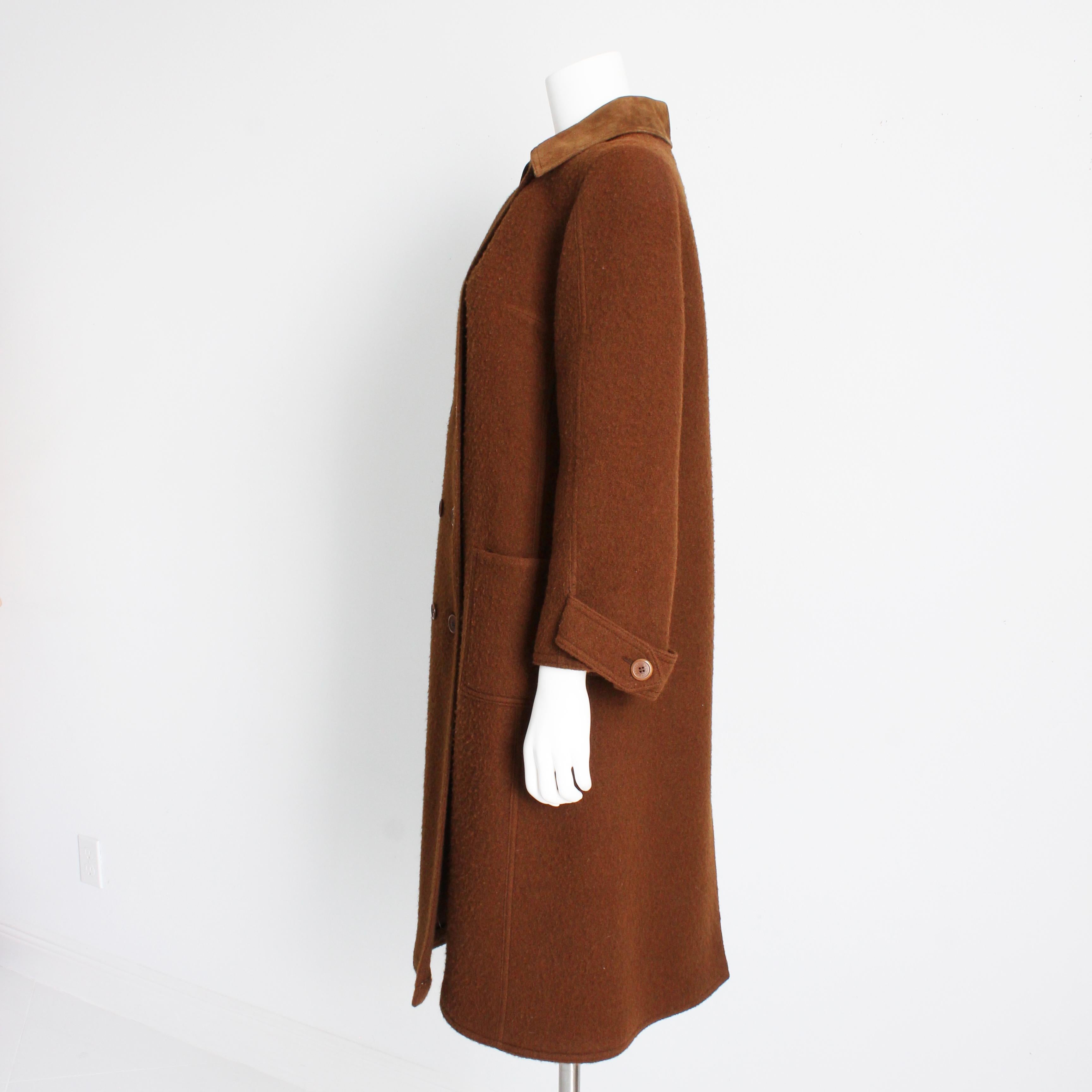 Hermes Brown Double Breasted Suede Leather Trim Trench Style Wool Coat, 1970s For Sale 4