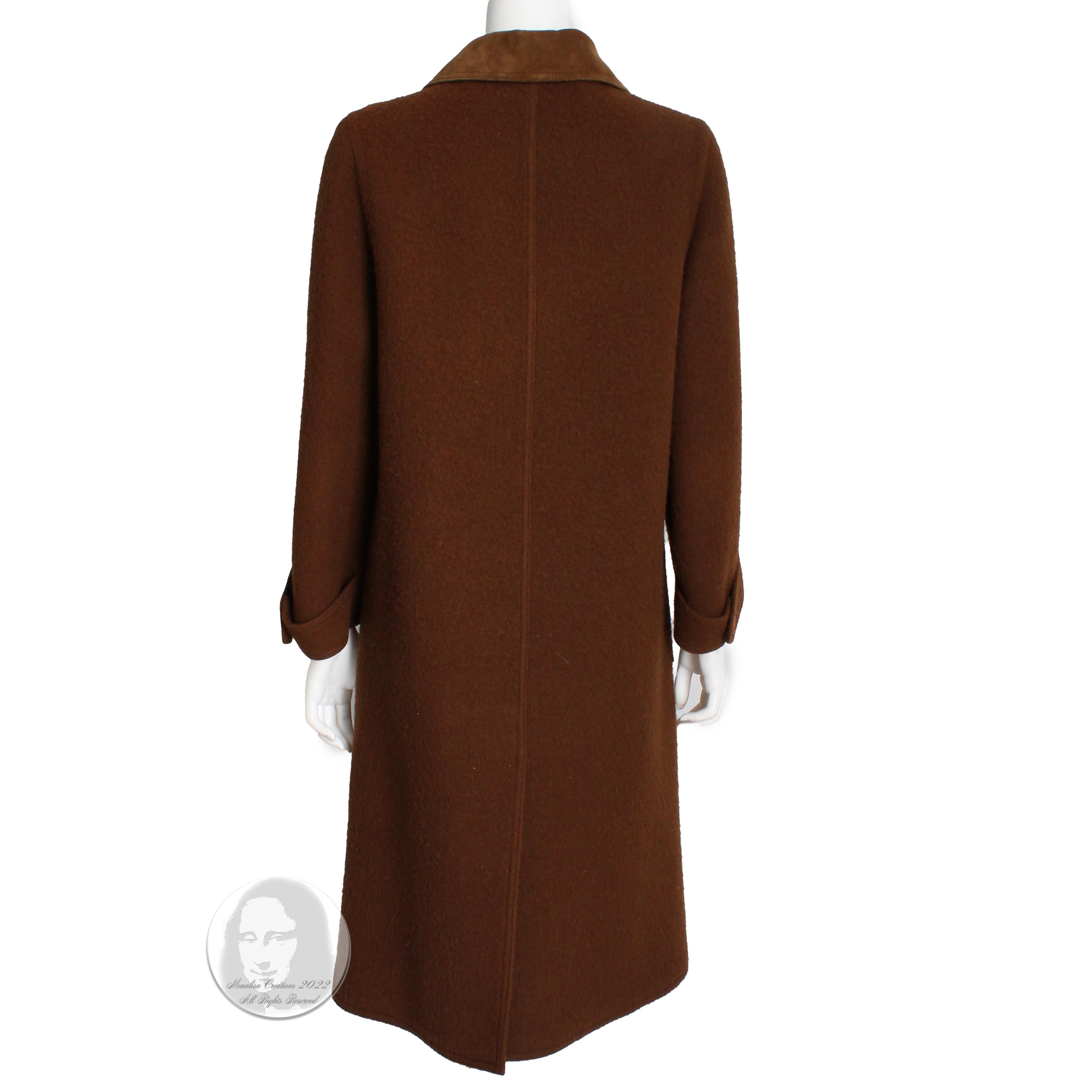 Hermes Brown Double Breasted Suede Leather Trim Trench Style Wool Coat, 1970s For Sale 5