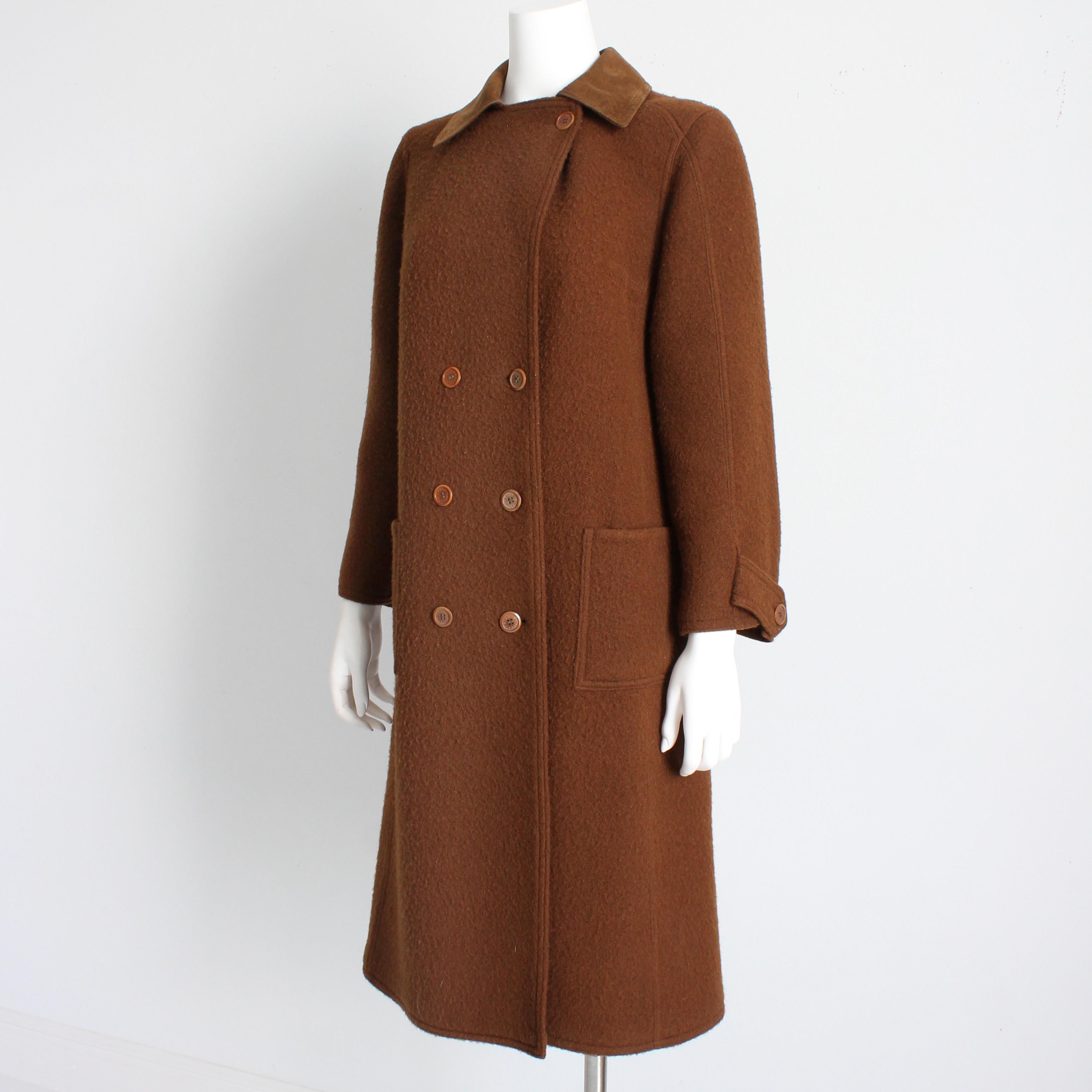 Hermes Brown Double Breasted Suede Leather Trim Trench Style Wool Coat, 1970s For Sale 5