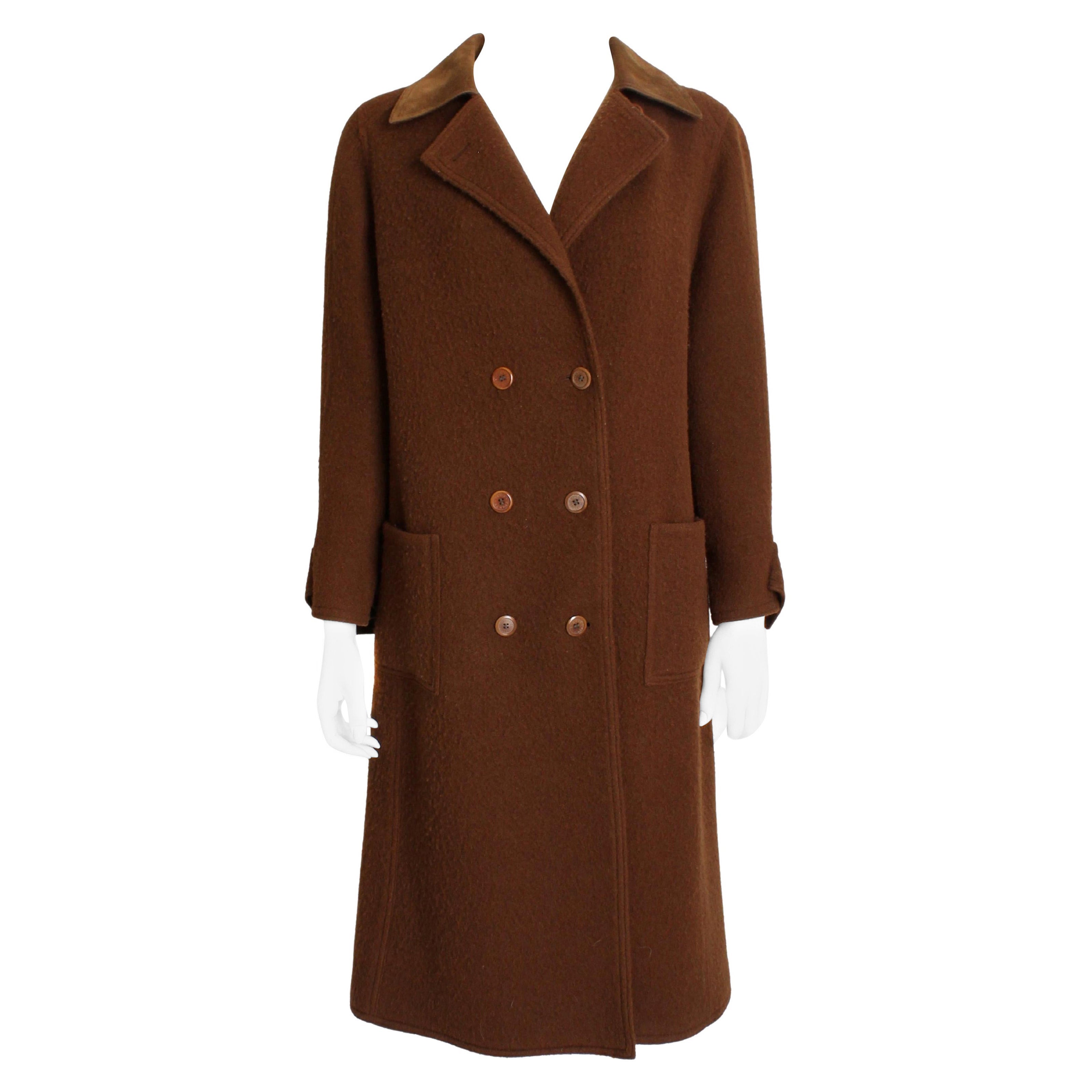 Hermes Brown Double Breasted Suede Leather Trim Trench Style Wool Coat, 1970s
