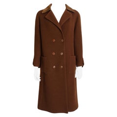 Hermes Brown Double Breasted Suede Leather Trim Trench Style Wool Coat, 1970s Hermes Brown Double Breasted Suede Leather Trim Trench Style Wool Coat, 1970s